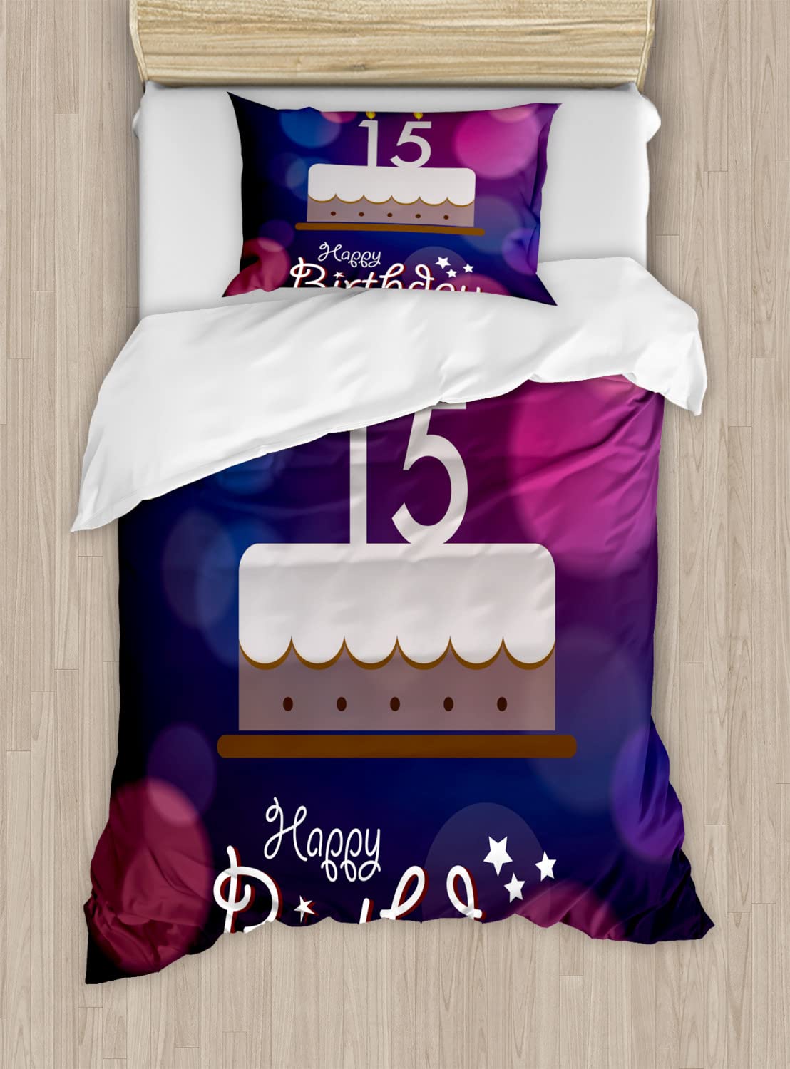 Ambesonne 15th Birthday Duvet Cover Set - Twin Size 2-Pack with 2 Duvet Covers & 2 Pillowcases - Number 15 Cake Candles Abstract Design in Blue Pink White - Perfect for Teen Bedroom Decor & Sleepover Parties