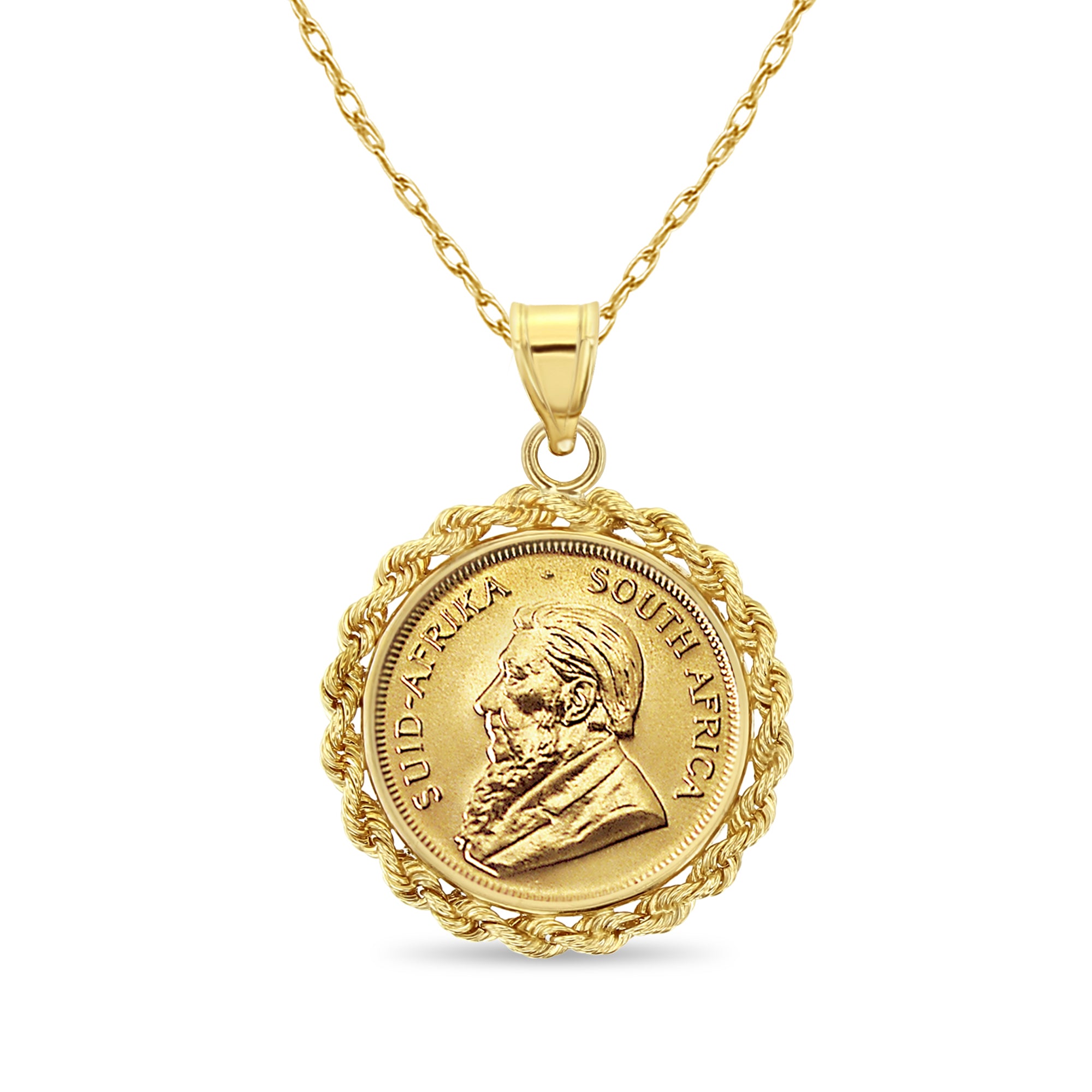 1/4 oz South African Krugerrand Coin Necklace with Rope Halo - Gold Bullion Jewelry for Men & Women, Perfect for Gifts, Investment & Fashion Accessories