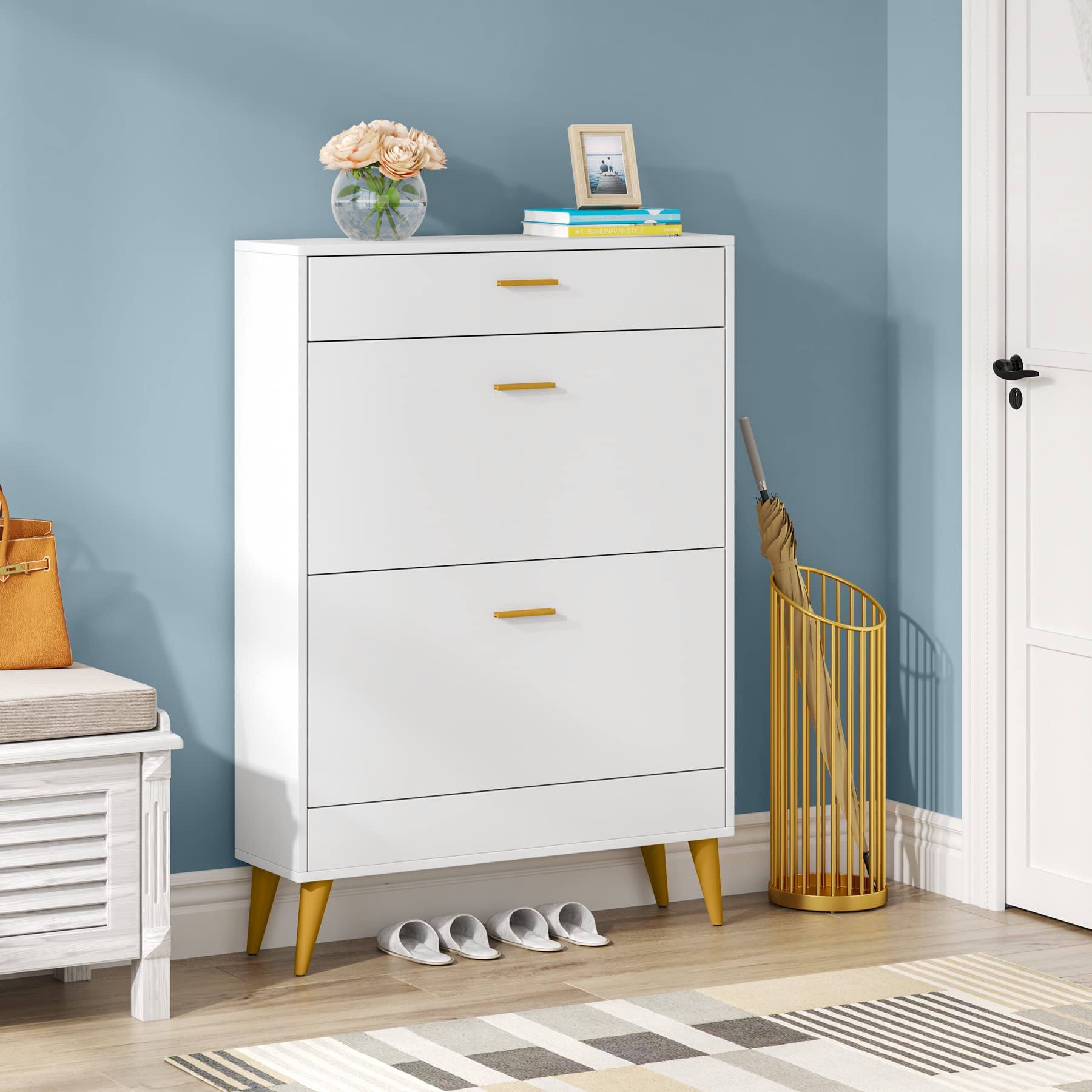 Tribesigns White Slim Shoe Storage Cabinet - Modern 16 Pair Shoe Rack Organizer with 2 Flip Drawers for Entryway, Hallway & Closet - Space Saving Shoe Cabinet for Small Apartments & Homes
