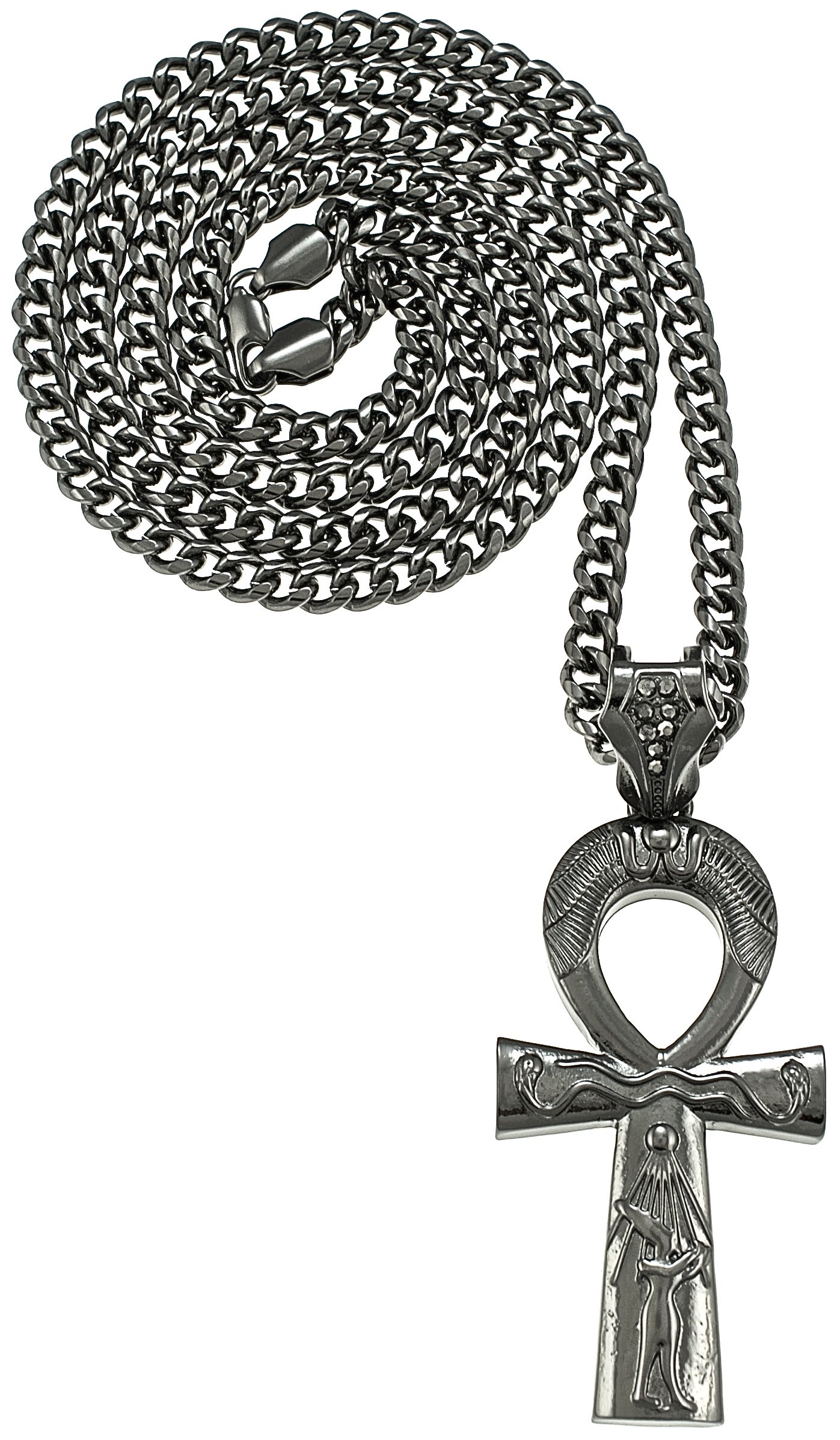 Ankh Large Gun Metal Pendant with 24 Inch Cuban Link Chain Necklace - Egyptian Symbol Jewelry for Men & Women - Perfect for Spiritual Protection, Gift Giving and Fashion Accessories