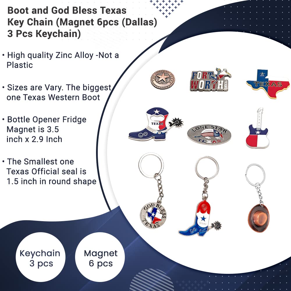 Texas Souvenir Gift Set - 9 Piece Collectible Bundle with 6 Metallic Fridge Magnets & 3 Keychains | Perfect for Fort Worth Travel Memories, Home Decor & Texas Pride Gifts