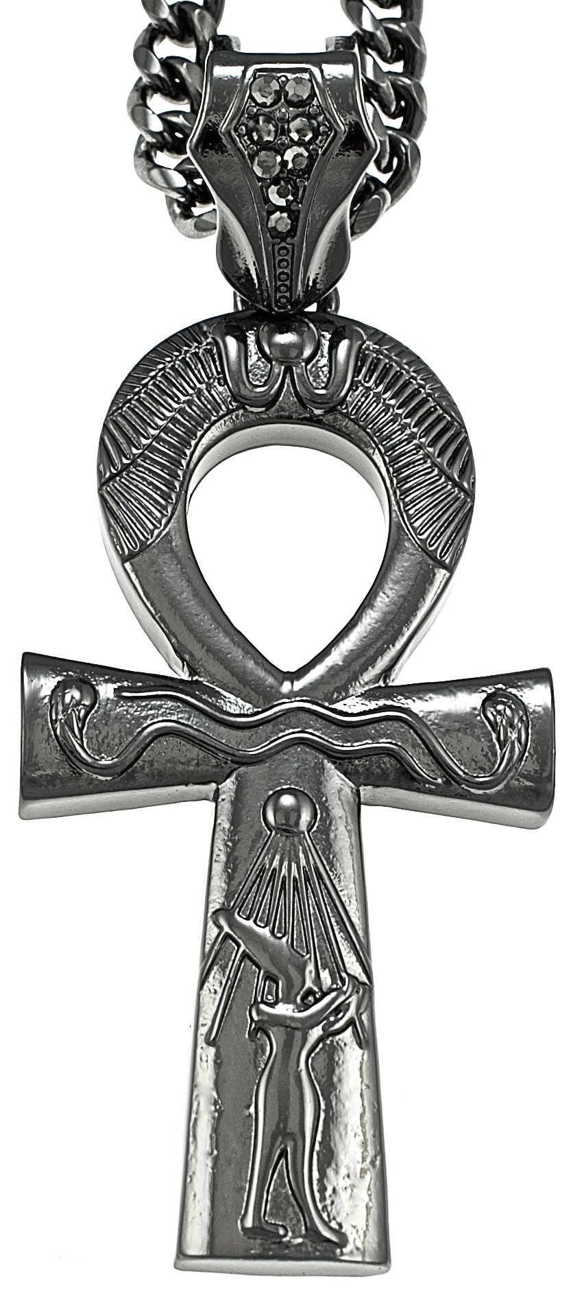 Ankh Large Gun Metal Pendant with 24 Inch Cuban Link Chain Necklace - Egyptian Symbol Jewelry for Men & Women - Perfect for Spiritual Protection, Gift Giving and Fashion Accessories