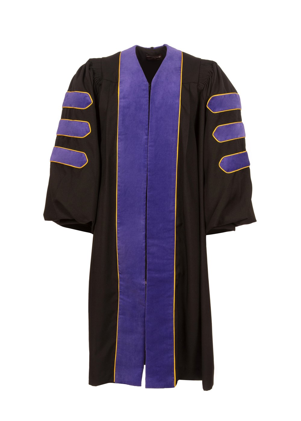 American Doctoral Graduation Gown - Black with Purple Velvet & Gold Piping | PhD Academic Regalia for Commencement Ceremonies & Graduation Photos