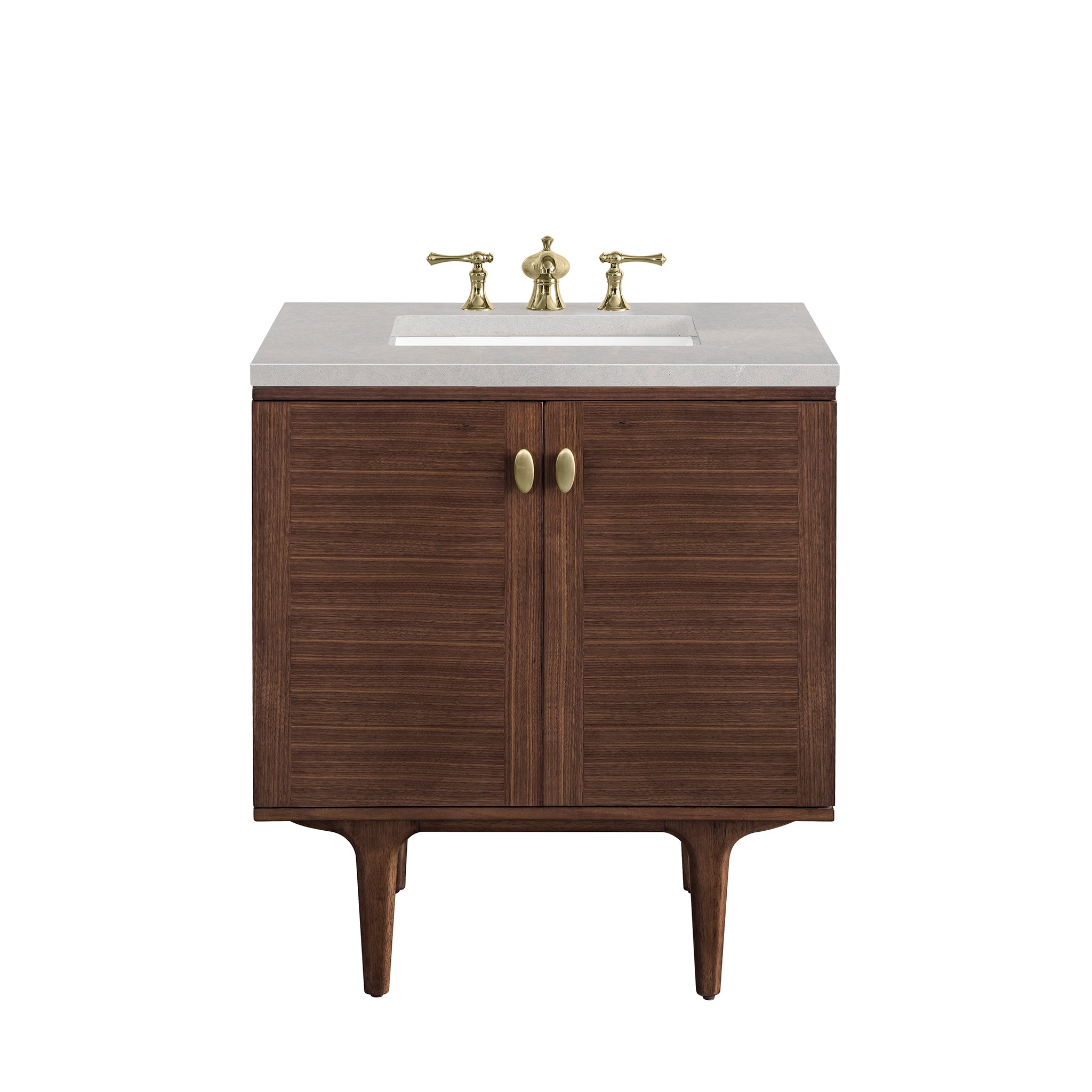 Amberly 30 Inch Single Bathroom Vanity with 3CM Eternal Serena Top - Mid Century Modern Walnut Design for Small Space & Powder Room Remodel