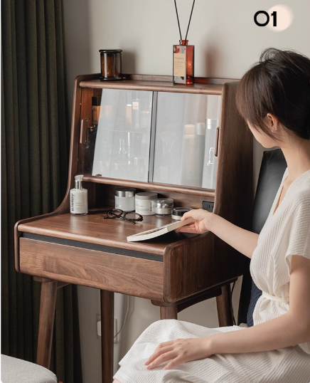 Black Walnut Solid Wood Lighted Vanity Dressing Table with Mirror - Elegant Makeup Desk for Bedroom, Bathroom, or Boudoir