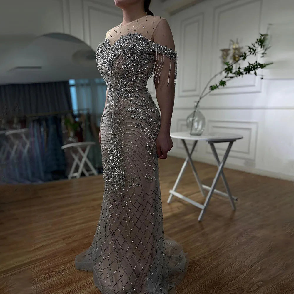 Elegant Arabic Silver Nude Mermaid Evening Gown with Tassel Beading - Luxury Dubai Party Dress for Women - Perfect for Formal Events, Weddings & Red Carpet Occasions