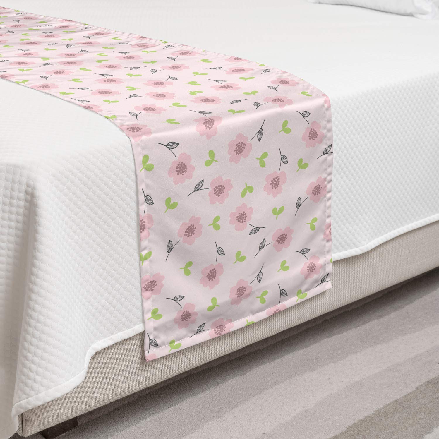 Ambesonne Floral Bed Runner - Pink Blooming Flowers on Pastel Background, Decorative Accent Bed Scarf for Twin Beds, Hotels & Guest Rooms - Pale Pink & Lime Green - Perfect for Spring Bedroom Decor & Wedding Guest Room Styling
