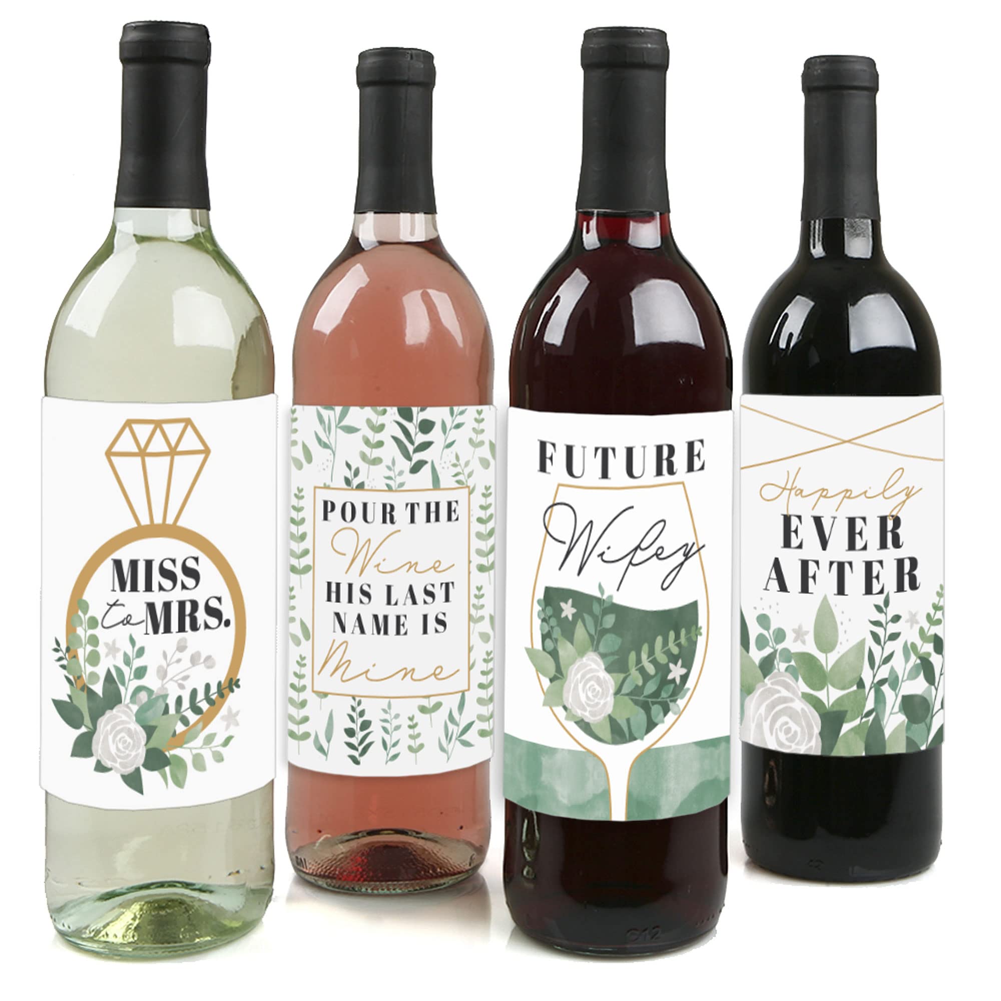 Boho Botanical Bride Wedding Decor - Greenery Bridal Shower Party Decorations for Women & Men - Set of 4 Wine Bottle Label Stickers - Perfect for Wedding, Anniversary & Romantic Events