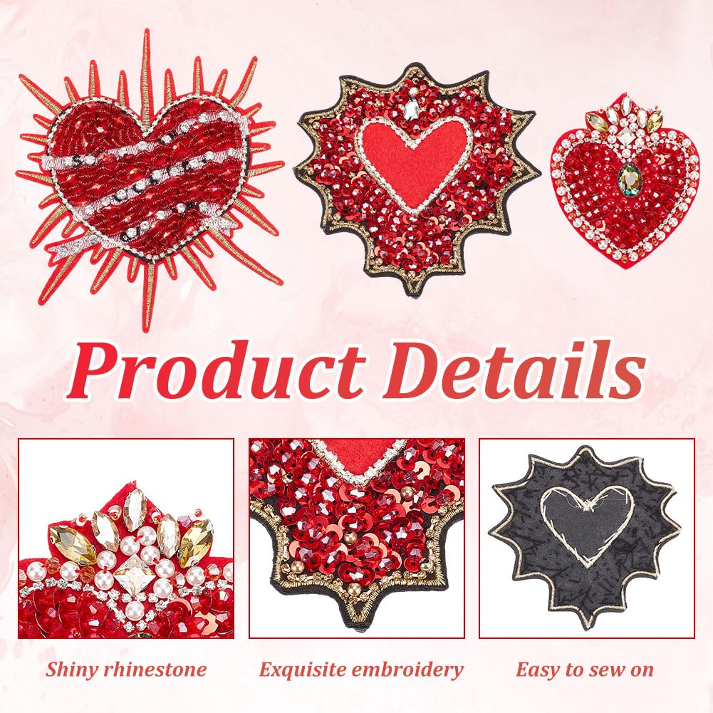 INFUNLY 3PCS Beaded Rhinestone Heart Patches 4.3x7.9 Inch - Red Cartoon DIY Sew On Appliques for Jeans, Jackets, Bags & Women's Clothing - Perfect for DIY Fashion, Arts & Crafts, and Gift Making