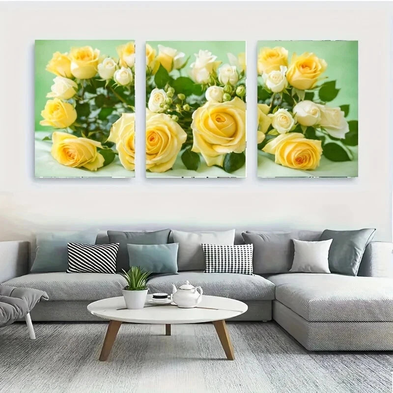 3-Piece Yellow and White Roses Metal Wall Art - Ready to Hang Floral Home Decor for Living Room, Bedroom, or Office