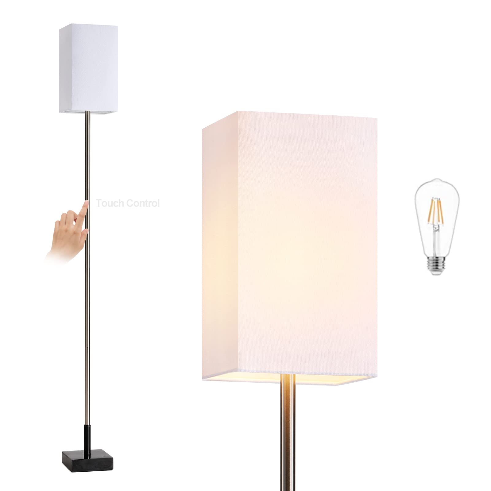 3-Way Touch Control Dimmable Floor Lamp with Sturdy Marble Base & Brushed Nickel Finish - Adjustable Standing Lamp with Square Linen Shade for Living Room, Bedroom, Office - Includes LED Bulb for Home Decor & Ambient Lighting