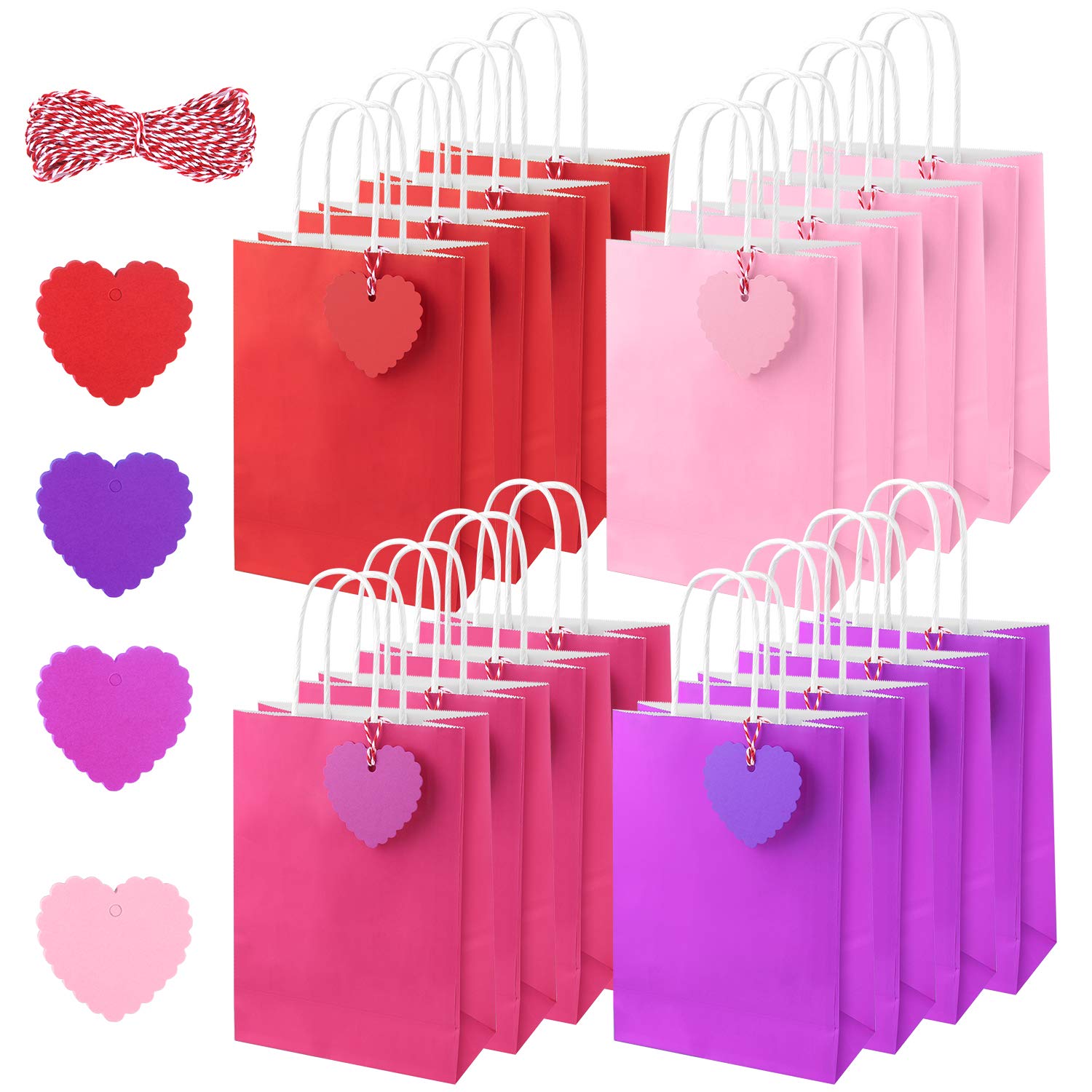 16PCS Red & Pink Kraft Gift Bags with Handles + 60 Heart-Shaped Paper Tags - Perfect for Birthday Parties, Valentine's Day & Wedding Favors - Eco-Friendly Party Favor Packaging for Gifts, Candies & Small Items