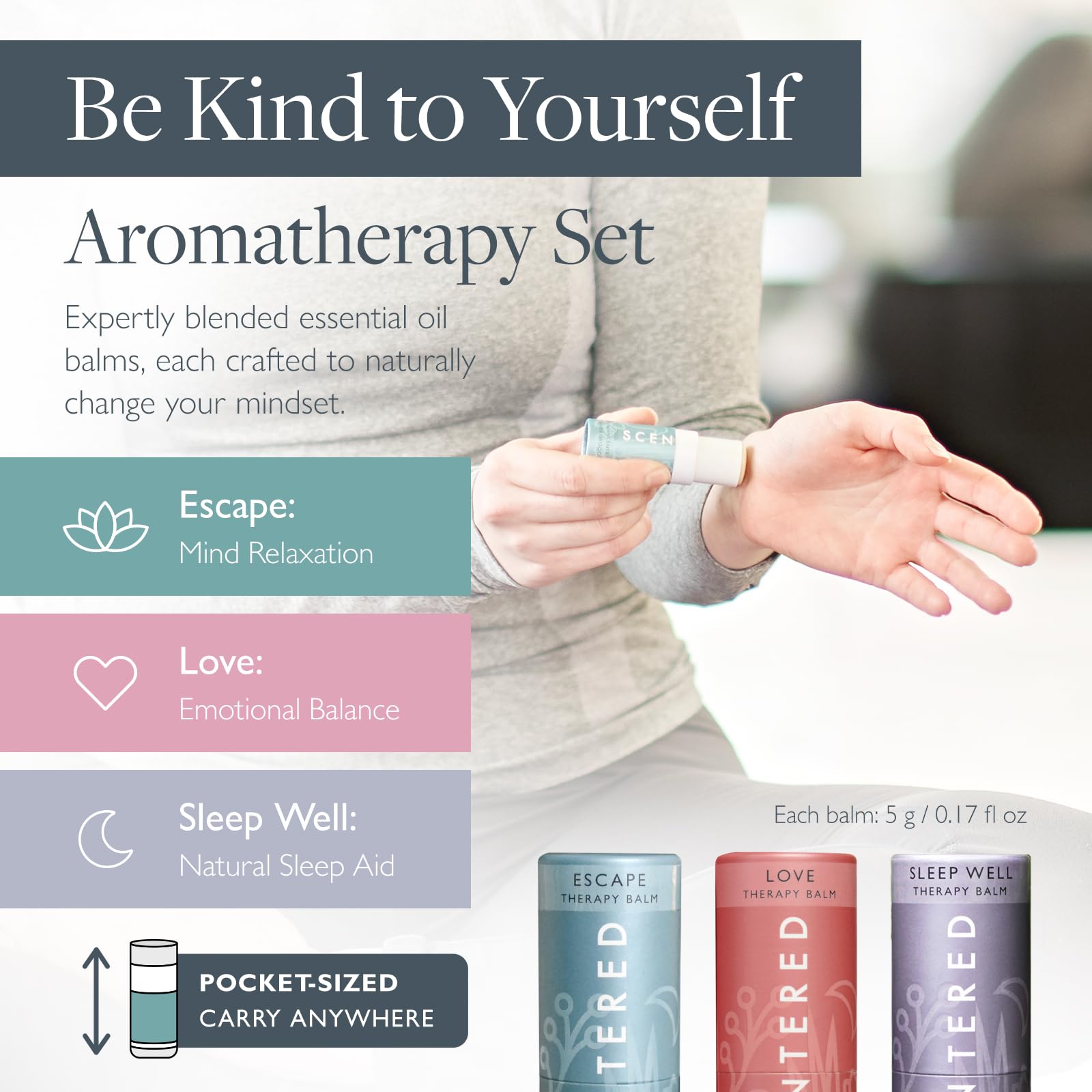 Scentered Aromatherapy Balm Gift Set - 3 Pack Essential Oil Balms for Sleep, Stress Relief & Love (Lavender, Cedarwood, Ylang Ylang) - Relaxing Self Care Gifts for Women - Perfect for Bedtime, Travel & Meditation