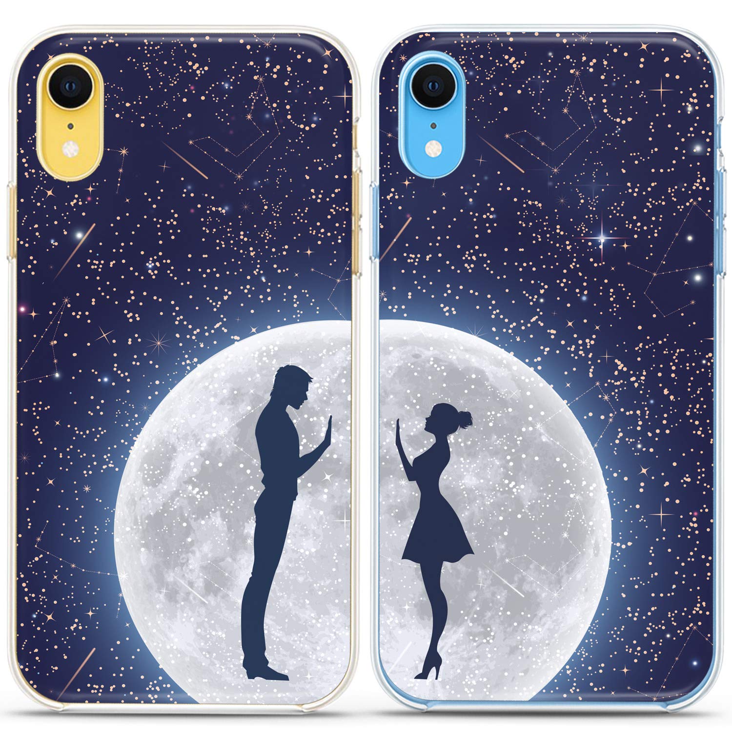 Matching Couple Phone Cases for iPhone 16/15/14/13/12/11 Pro Max/Mini/XS/X/8 Plus/7+/XR/SE - Romantic Moon & Stars Silicone Cover | Cute Relationship Gift for Girlfriend | Perfect for Date Nights & Anniversary Presents