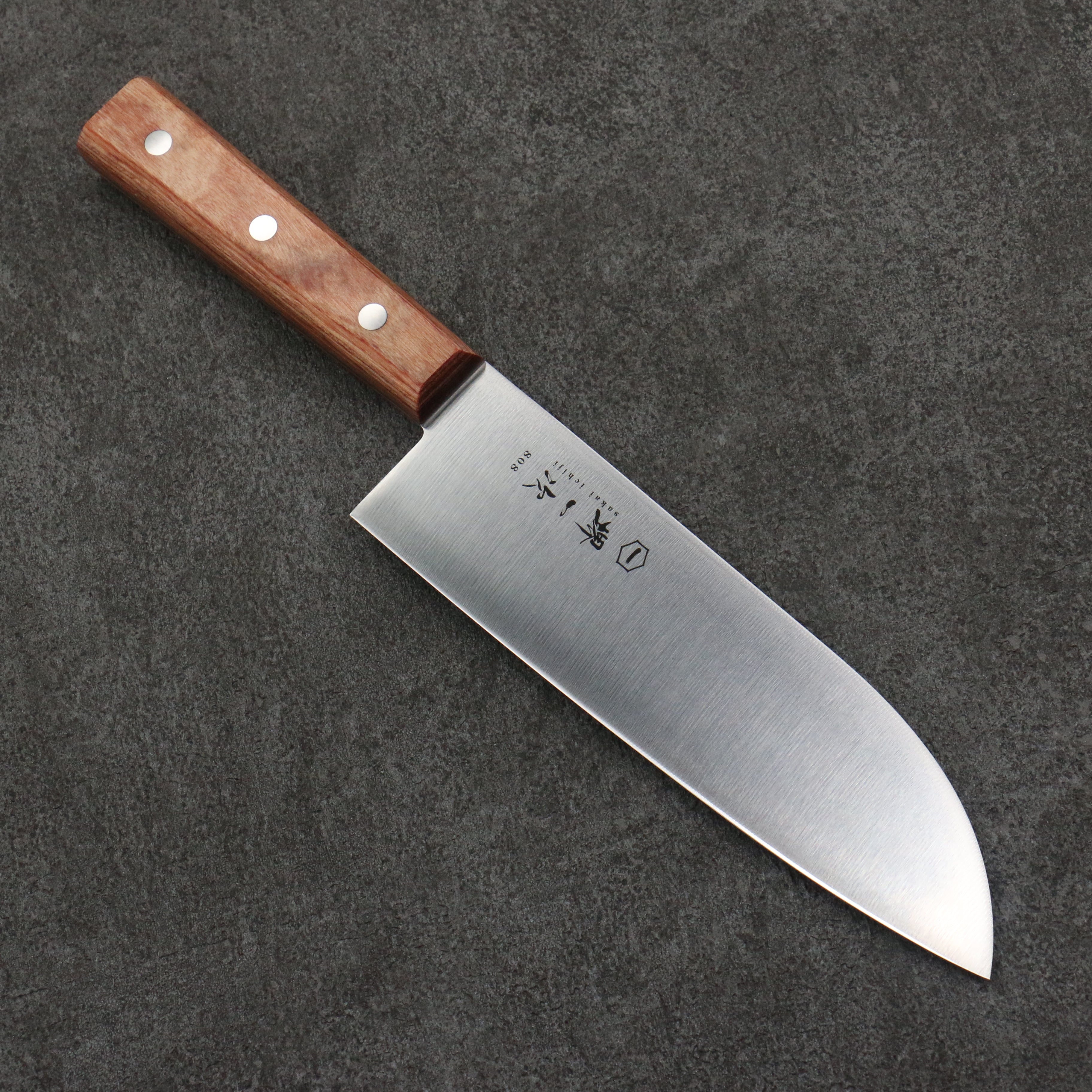 Sakai Ichiji 808 High-Carbon Steel Santoku Knife 180mm - Clamshell Profile with Light Brown Pakkawood Handle - Perfect for Slicing, Dicing & Chopping Vegetables, Meat & Fish