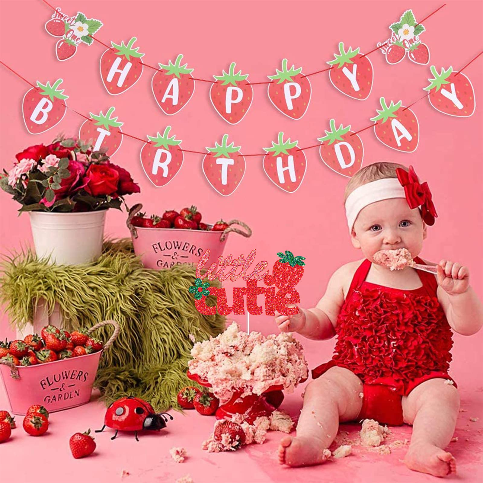 Strawberry Cake Toppers for 1st Birthday & Baby Shower - Strawberry Theme Cake Decorations - Fruits Birthday Party Supplies - Perfect for Strawberry Themed Parties, Baby Showers, and Birthday Celebrations