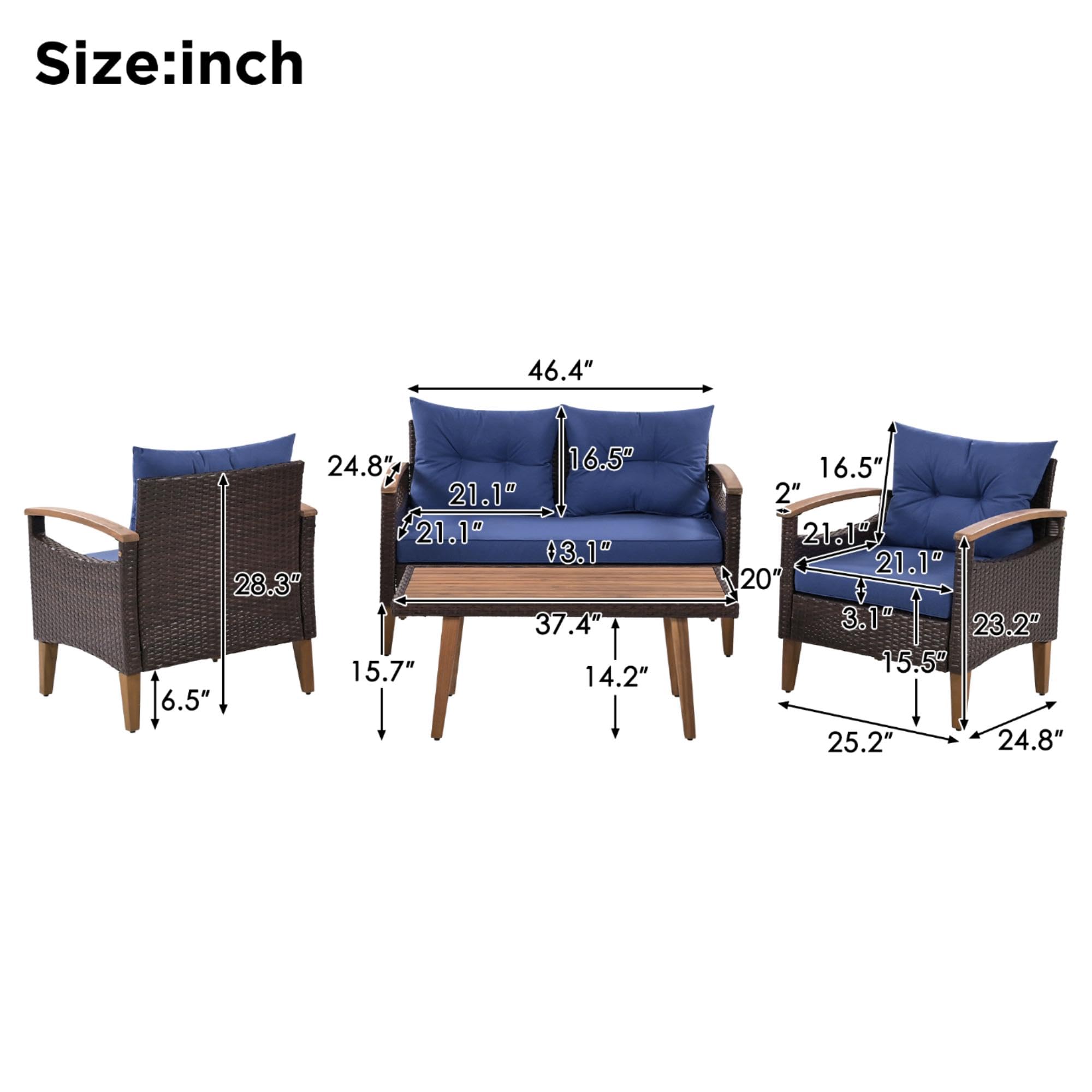 4-Piece Outdoor Patio Furniture Set with Coffee Table & Cushions - Garden Conversation Set for Backyard, Porch or Poolside (Blue) - Perfect for Relaxing, Entertaining & Outdoor Dining