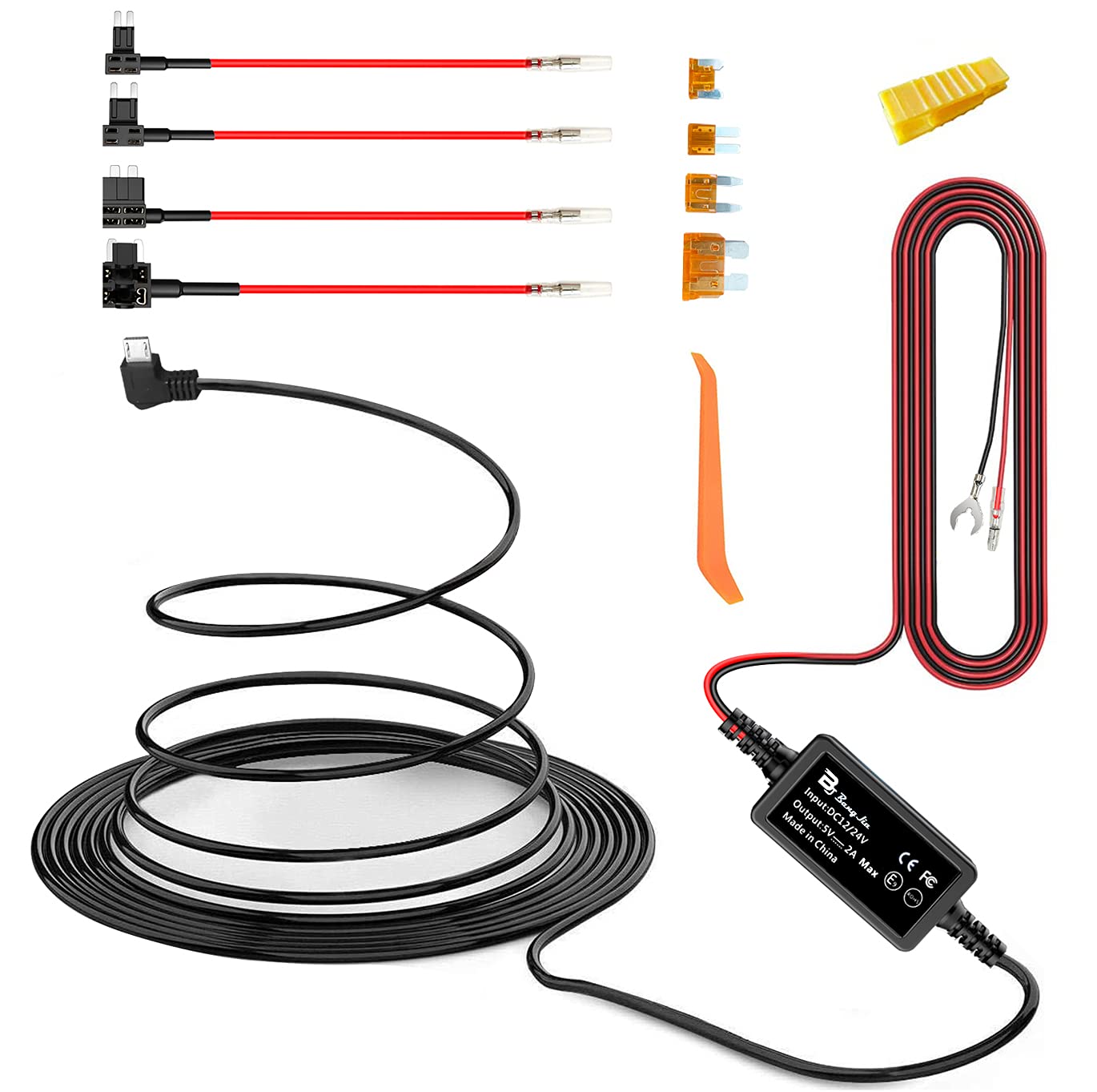 Bangjia Dash Cam Hardwire Kit - 12V-24V to 5V/2A Micro USB Power Cord (11.5ft) for Continuous Dashcam Recording - Perfect for Night Driving, Parking Surveillance & Road Trip Safety