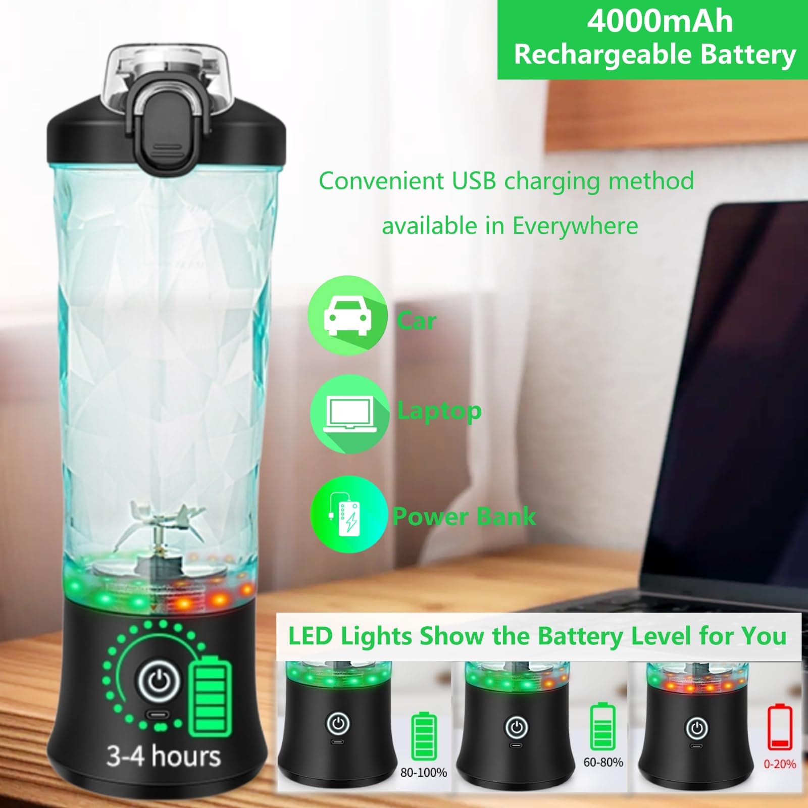 Portable Blender 20oz - USB Rechargeable Personal Blender for Smoothies, Shakes & Baby Food | Powerful & Safe Travel Blender for Kitchen, Gym, Office & Outdoor Use (Black)