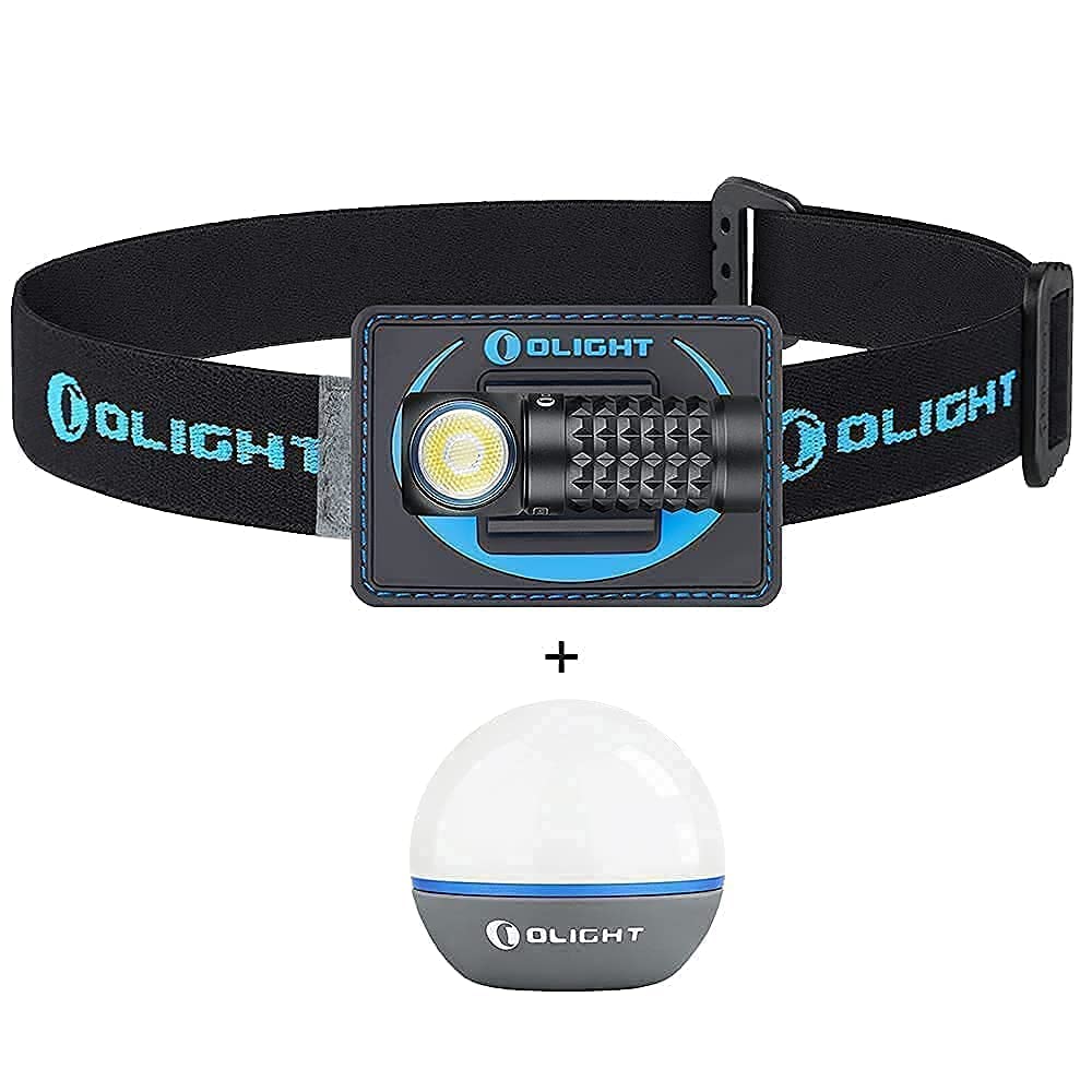 Olight Perun MINI 1000 Lumens Rechargeable Right Angle Headlamp with Headband & Obulb 55 Lumens 4-Mode Orb Light - Compact Multi-Use Flashlight for Camping, Hiking, Emergency, and Bedside Night Light