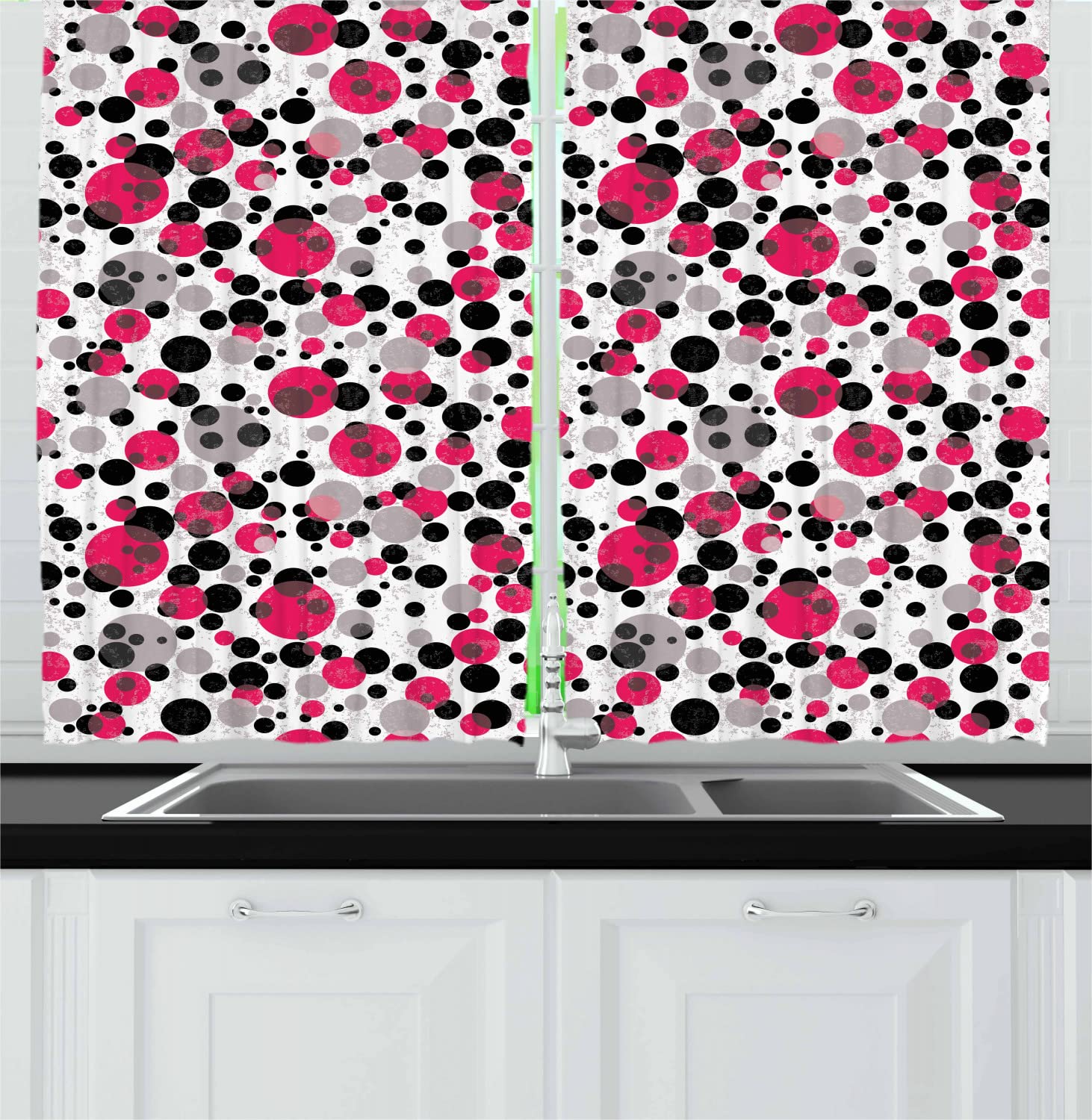 Ambesonne Retro Abstract Kitchen Curtains - Pink & Grey Bubble Circle Dots Design, 55
