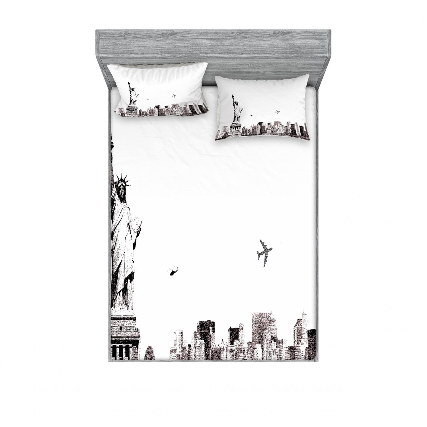Ambesonne 2-Pack Queen Size Fitted Sheet & Pillow Sham Set - New York Cityscape Design, 4-Piece Bedding Set in White & Grey | Perfect for Urban Decor, Guest Rooms & Apartment Styling