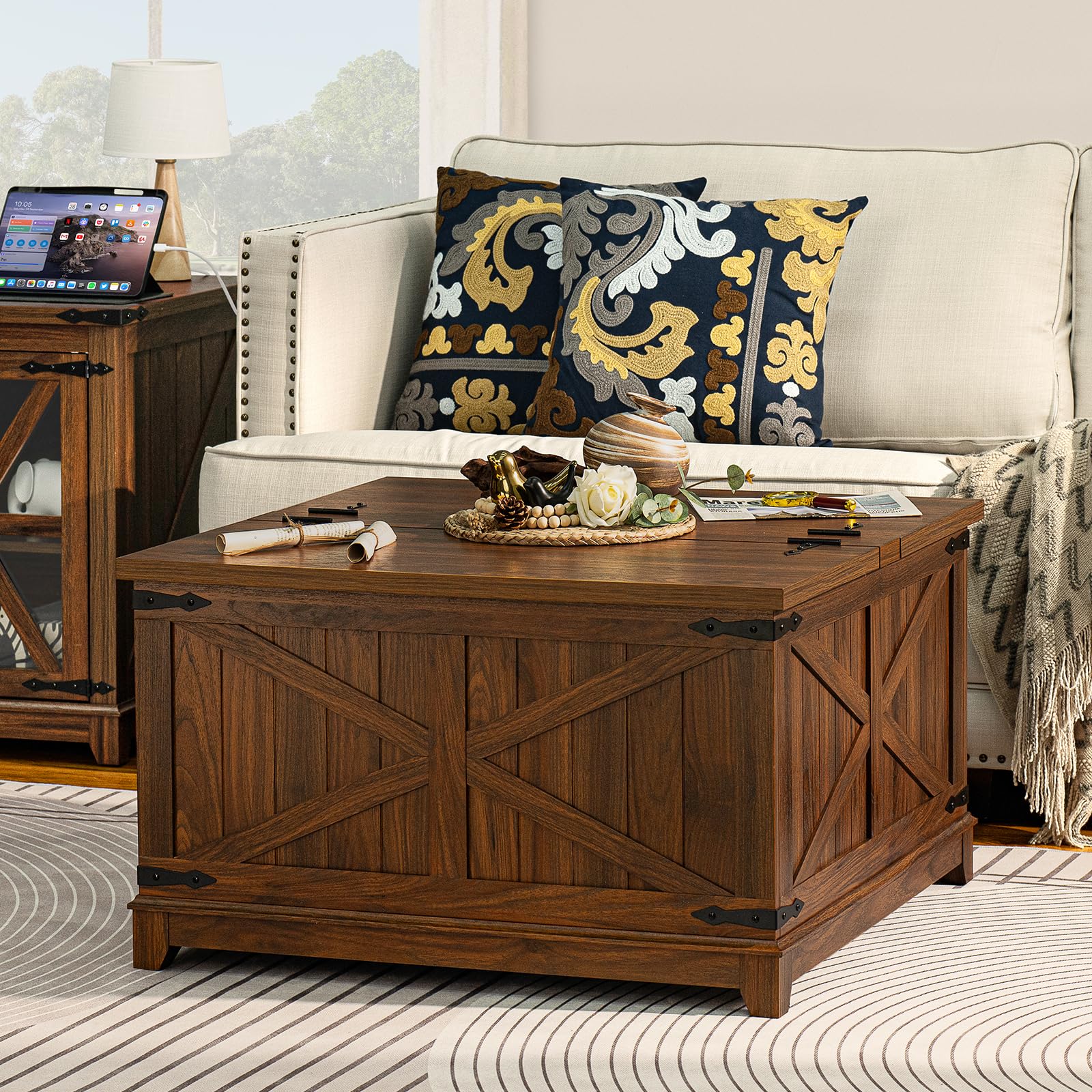 Rustic Farmhouse Coffee Table Set of 3 with USB Charging Station & Hidden Storage - Country Style Living Room Center Table & Nightstand 3-Piece Furniture Set for Home, Office - Perfect for Family Gatherings, Movie Nights & Remote Work