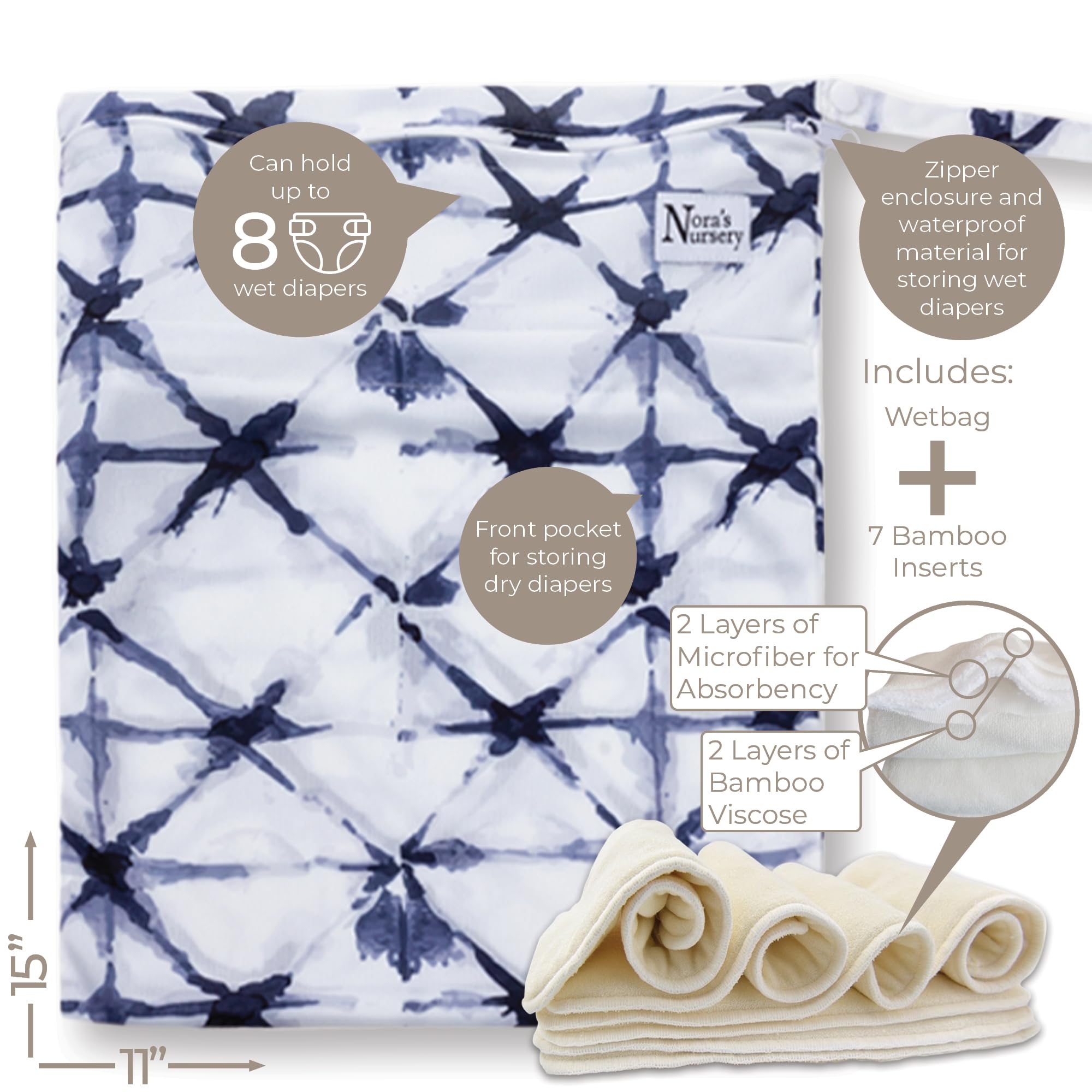 Nora's Nursery 7-Pack Cloth Diapers with Bamboo Inserts & Wet Bag - Reusable, Washable, Adjustable Pocket Diapers for Newborns to Toddlers - Waterproof, Eco-Friendly Baby Diapering Solution - Perfect for Daycare, Travel & Home Use
