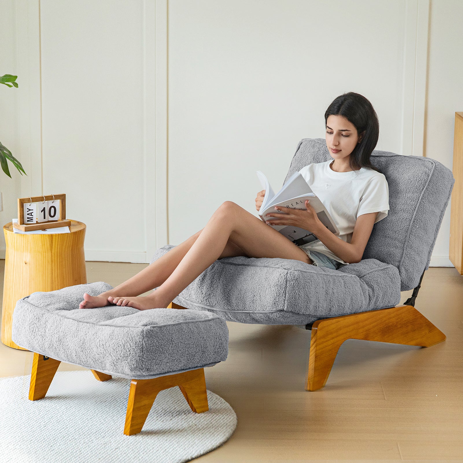 MAXYOYO Adjustable Accent Chair with Ottoman - Boucle Tufted Lounge Chair Set in Grey | Modern Living Room Furniture for Relaxing & Reading | Perfect for Home Office, Bedroom or Apartment Decor