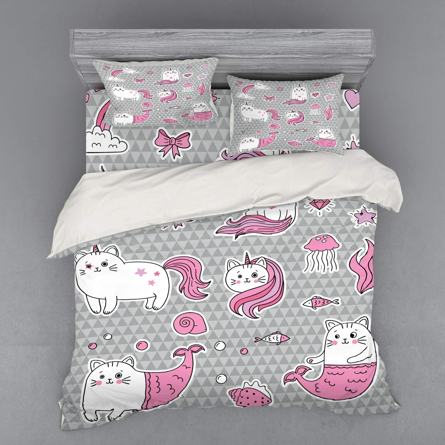 Ambesonne Unicorn Cat Duvet Cover Set - 4 Piece King Size Bedding with Shams & Fitted Sheet, Grey Pale Pink White - Fantasy Underwater Theme with Cats, Unicorns, Mermaids, Fish, Bubbles & Hearts - Perfect for Kids' Bedrooms, Themed Guest Rooms & Whimsical Home Decor