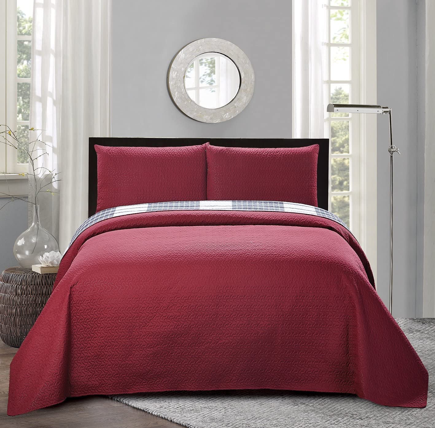 All American Collection 3-Piece Plaid Printed Reversible Bedspread & Quilt Set - Full/Queen Size - Cozy Farmhouse Bedding for Master Bedroom, Guest Room & Dorm