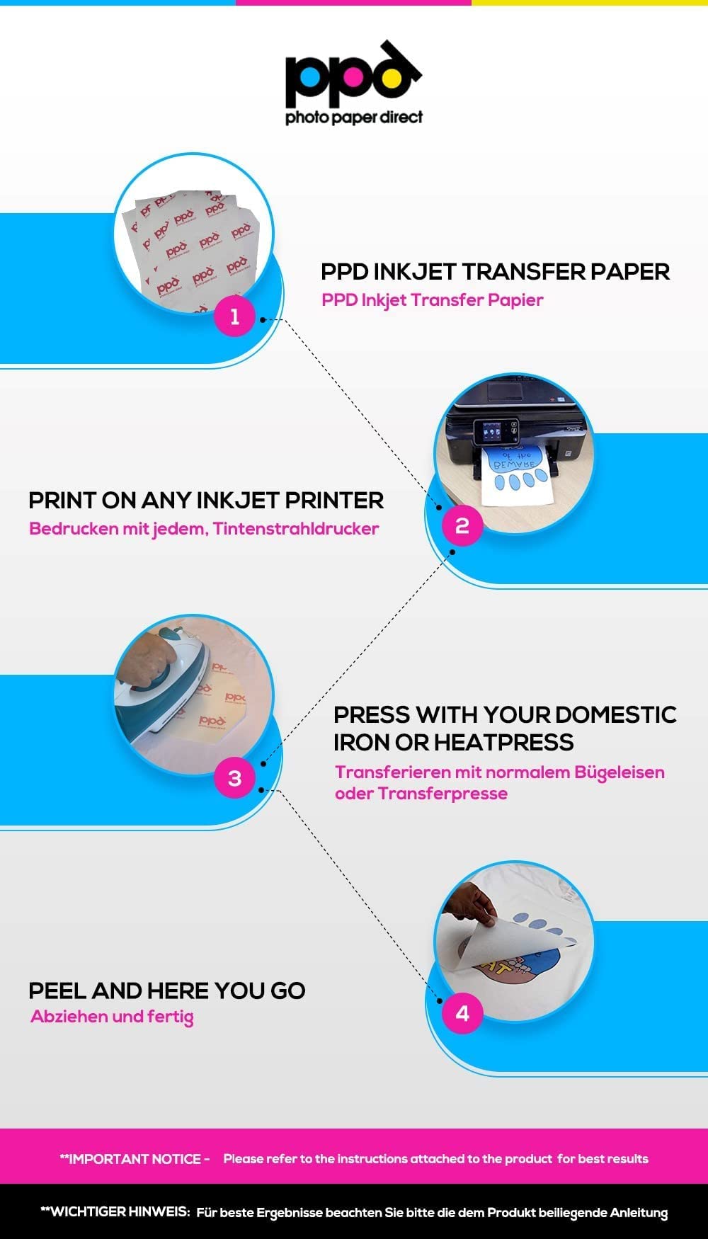 Premium PPD Inkjet Iron-On T-Shirt Transfer Paper Bundle - 8.5x11 Inches (100 Sheets Light/White + 50 Sheets Dark/Black) for DIY Custom Apparel, Personalized Gifts & Craft Projects