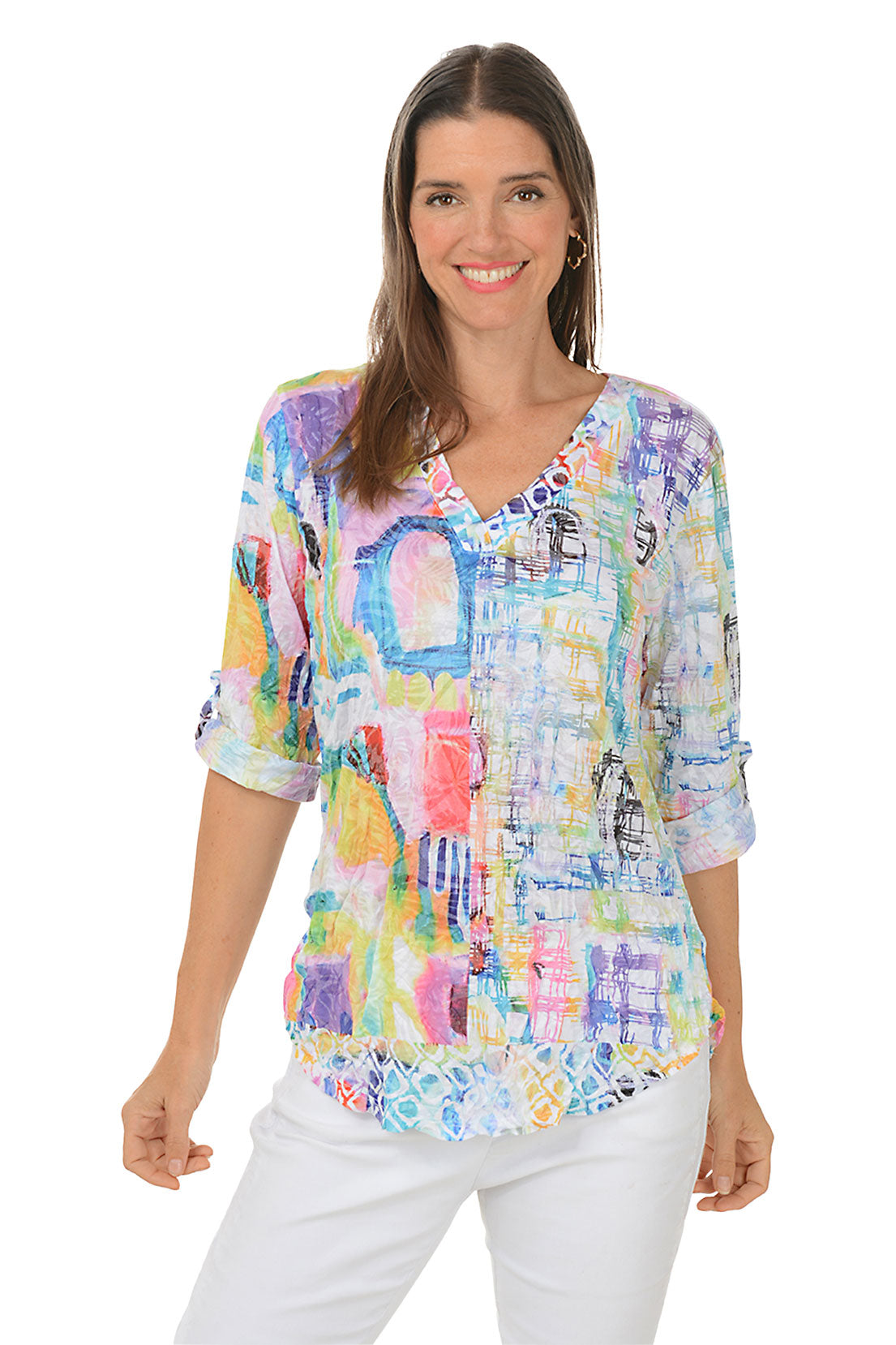 Elegant Scenic Pastels V-Neck Crinkle Top for Women - Soft & Stylish Blouse for Casual Outings, Summer Dresses & Boho Fashion