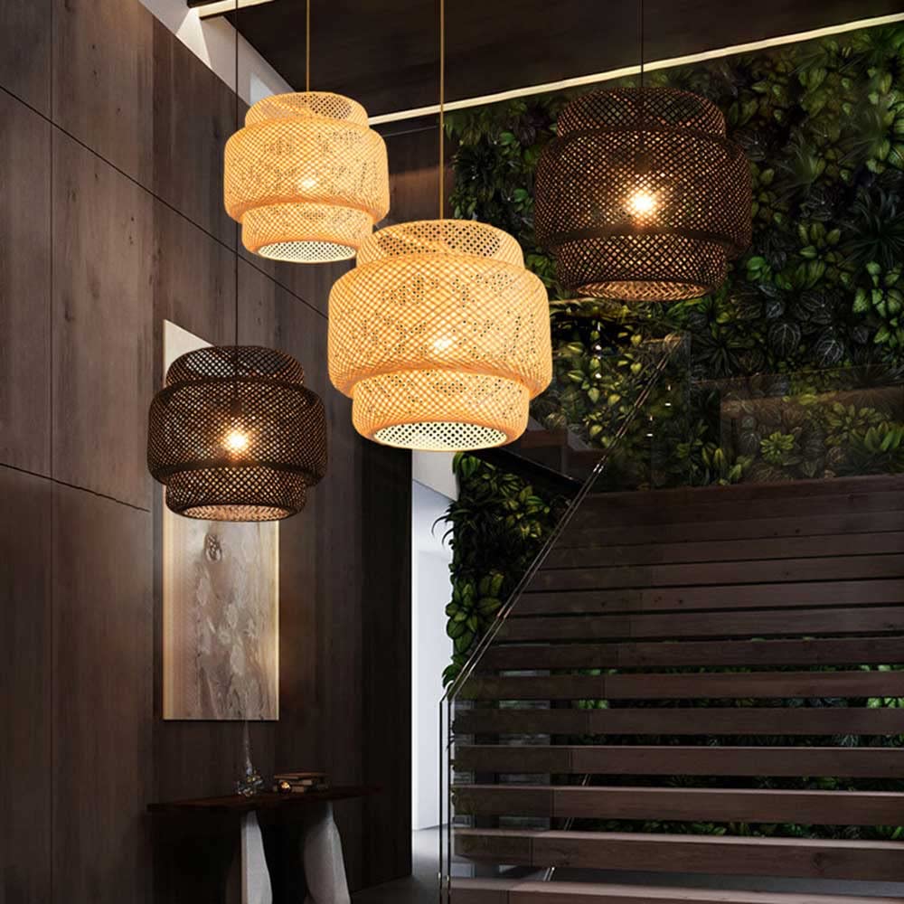 Nordic Bamboo Chandelier - Handwoven Rattan Pendant Light with Wicker Shade, Japanese Inspired Woven Lantern for Bedroom, Dining Room & Living Room Decor | Perfect for Boho, Farmhouse & Coastal Interior Design Styles