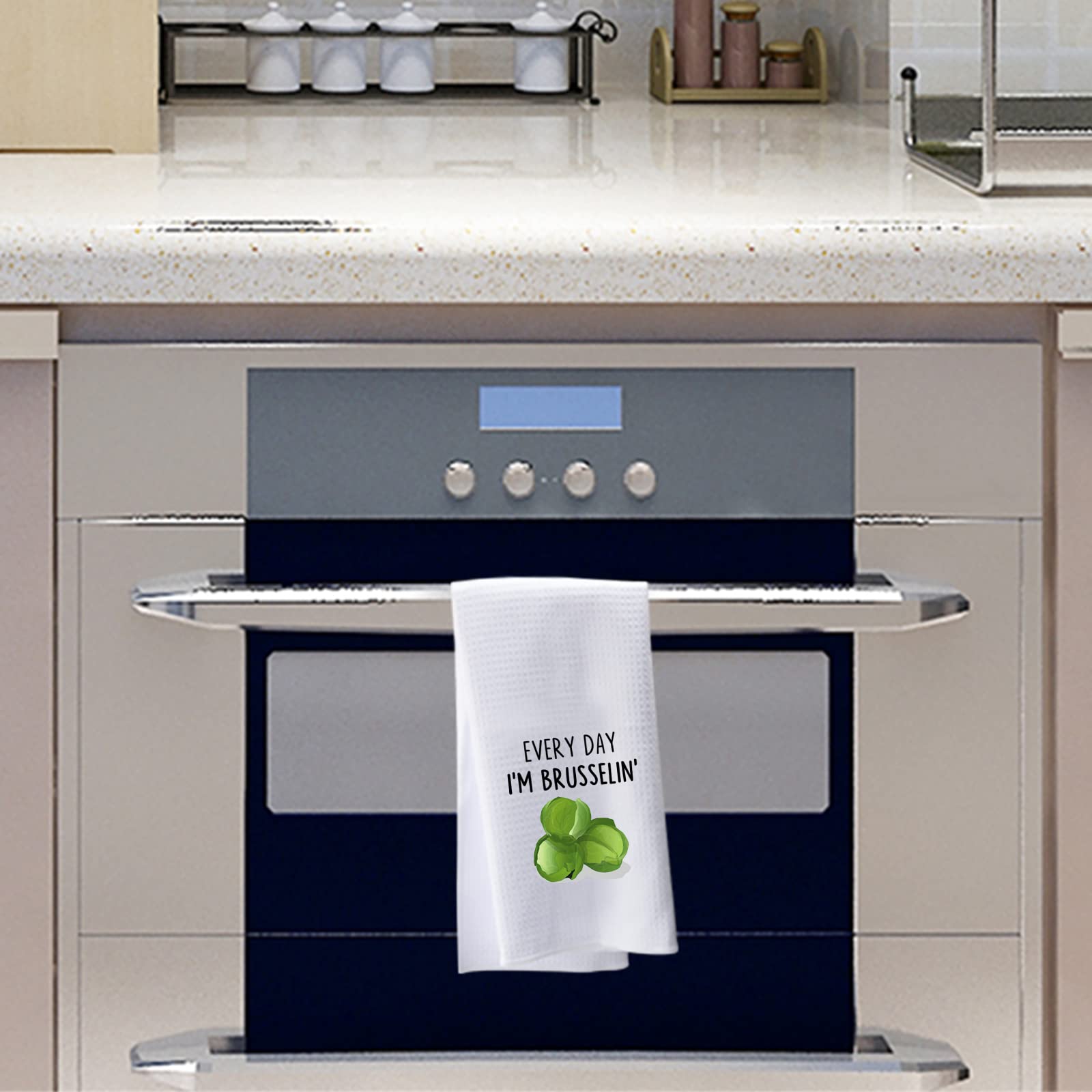 PWHAOO Brussels Sprout Kitchen Towel - Funny 'Every Day I'm Brusselin' Vegetable Design - Perfect Vegetarian Gift for Cooking, Cleaning, and Kitchen Decor