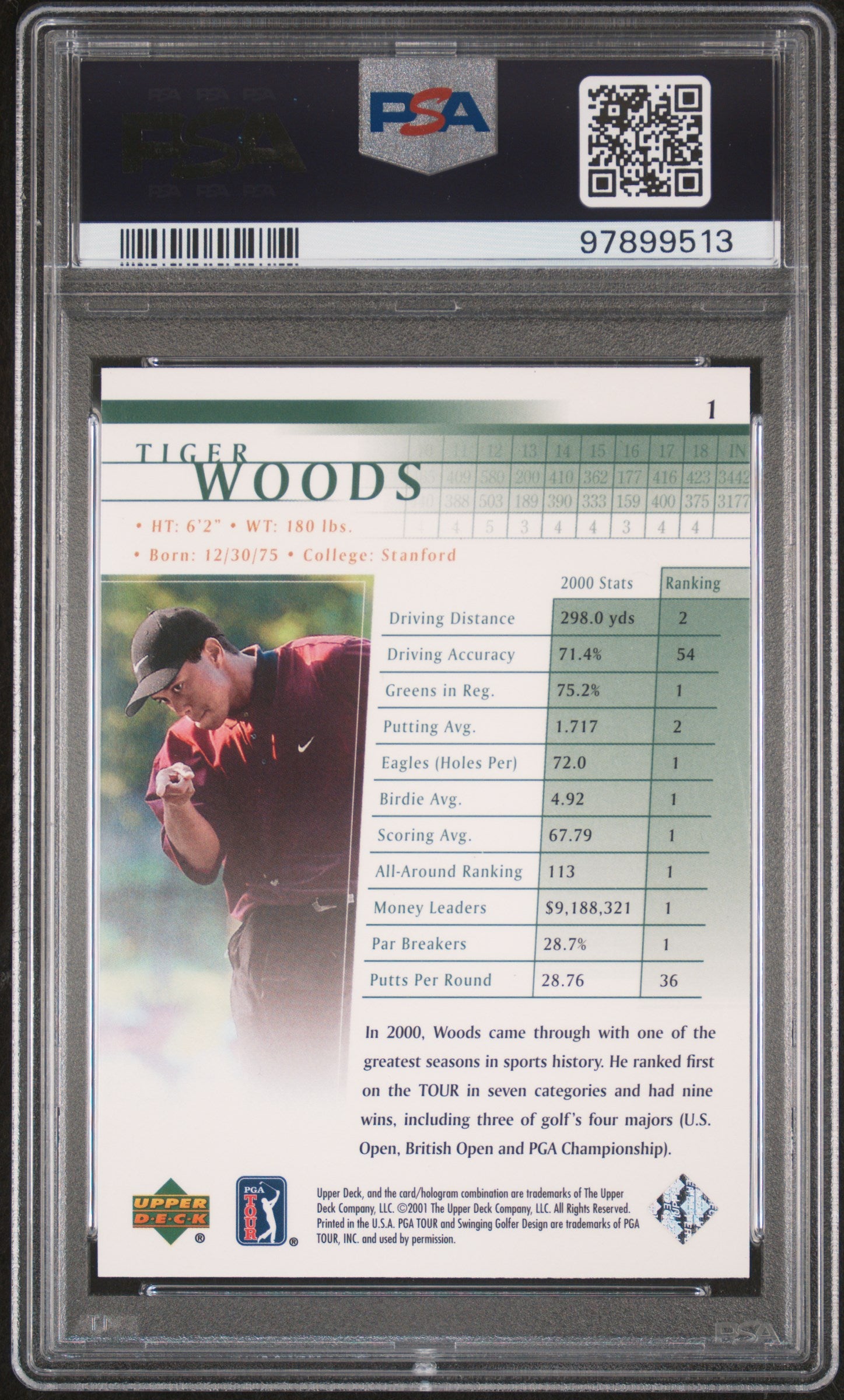 2001 Upper Deck Golf Tiger Woods #1 PSA 9 Graded Card - Rare Collectible for Sports Memorabilia & Golf Fans - Perfect for Display, Investment & Gifting