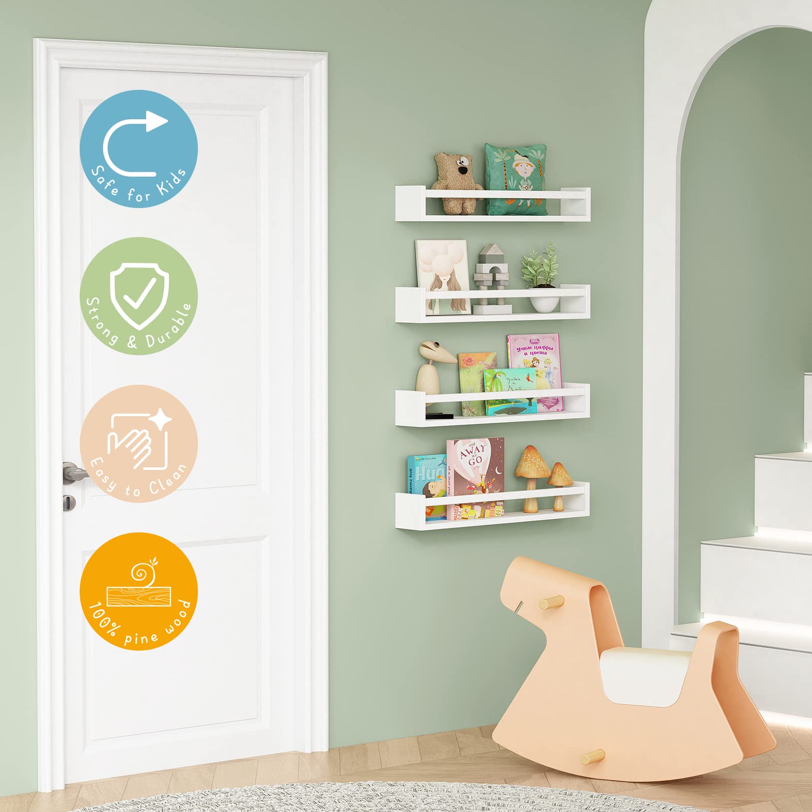 Forbena 24 Inch Floating Wall Bookshelf Set of 4 - White Wooden Nursery Shelves for Kids Bedroom, Baby & Toddler Room Decor - Wall Mounted Bookshelves & Toy Storage Organizer - Perfect for Nursery, Playroom, and Children's Bedroom Organization