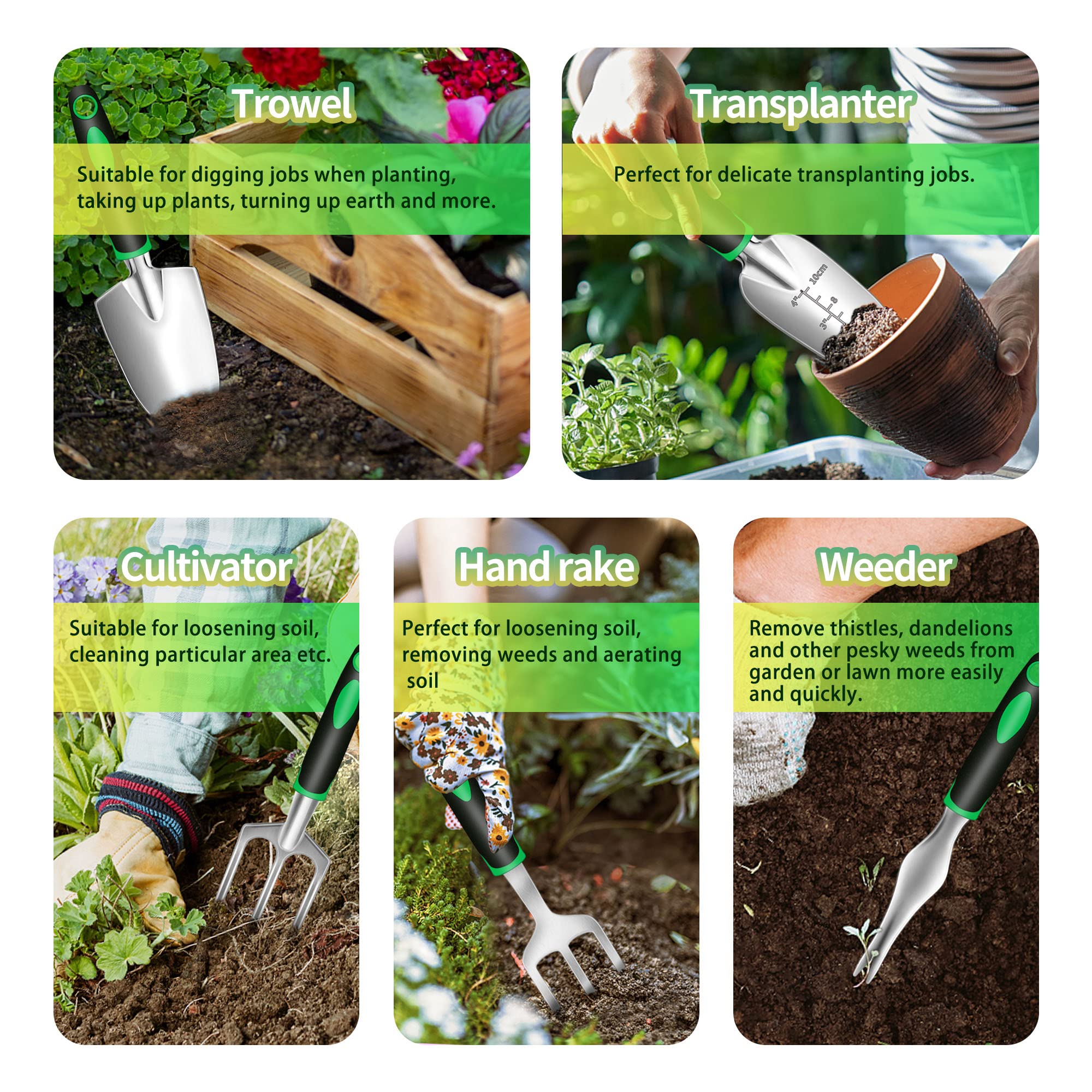 10-Piece Heavy Duty Garden Tool Set with Plant Grow Bags & Tote - Rustproof Gardening Kit for Women & Men - Perfect for Planting, Weeding & Outdoor Yard Work