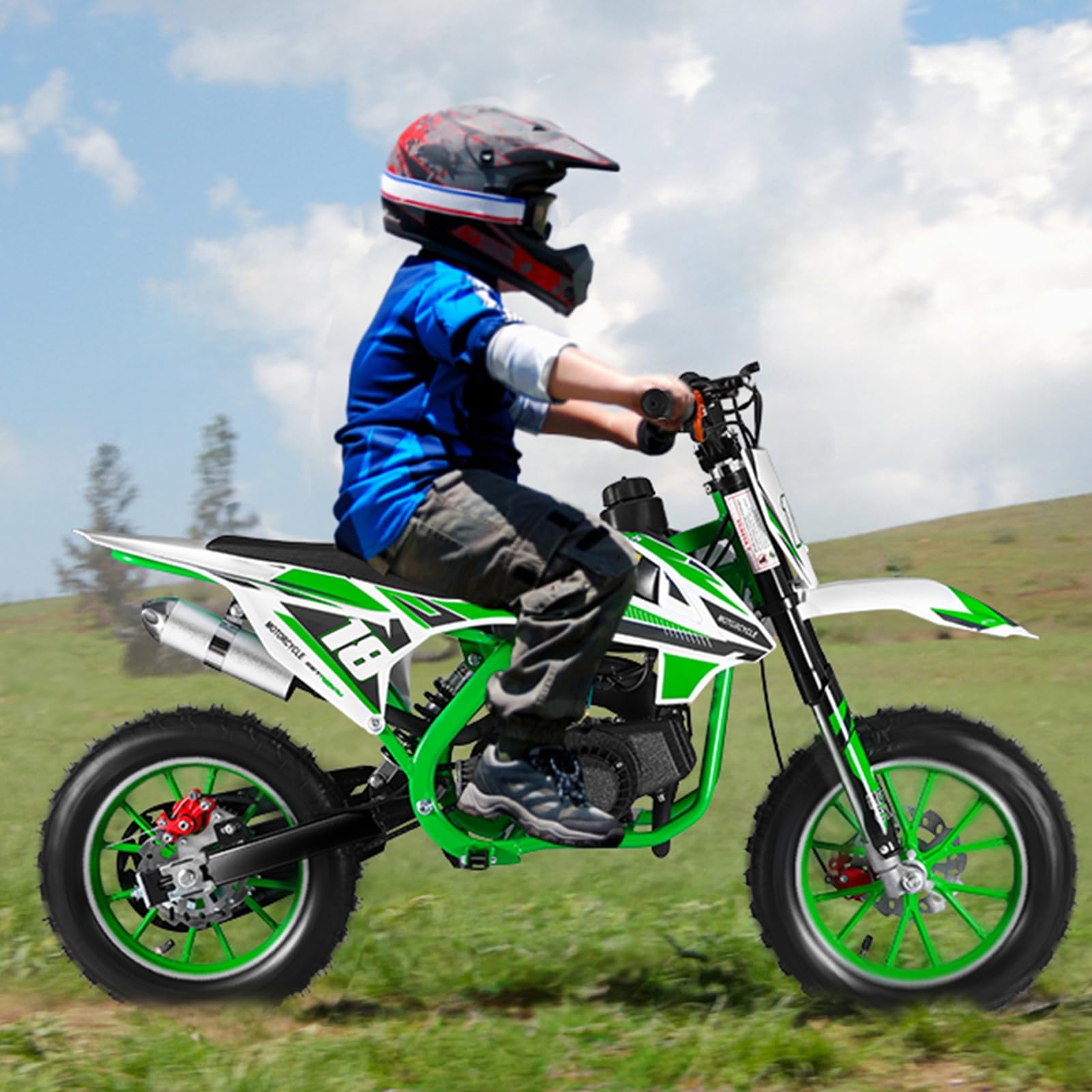50cc 2-Stroke Kids Dirt Bike - Gas Powered Mini Motorcycle for Off-Road & Motocross - Front & Rear Disc Brakes - Green - Perfect for Backyard Riding, Trail Adventures & Youth Racing Practice