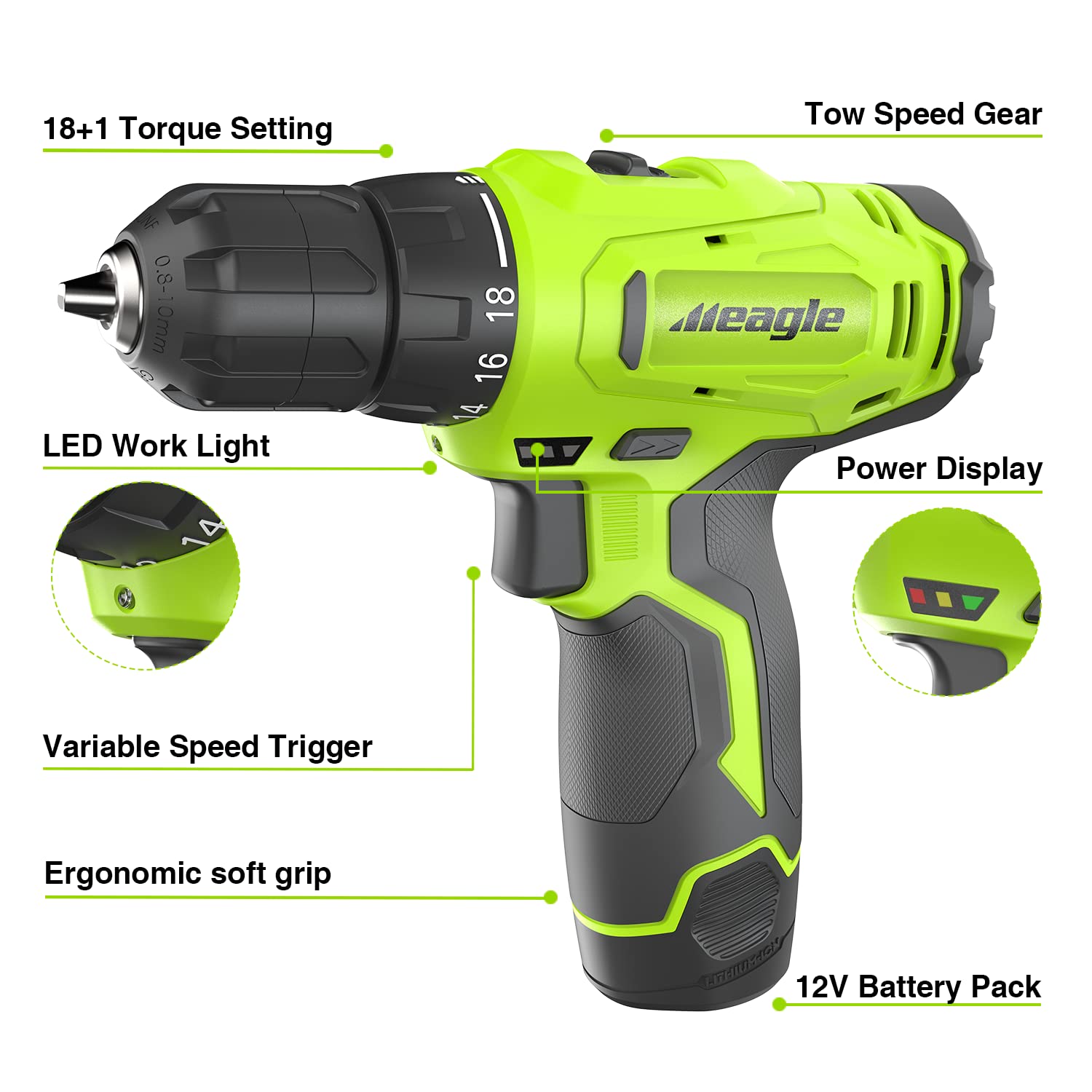 Meagle 12V Cordless Drill Set with Battery & Charger - 2-Speed Electric Drill, 18+1 Torque Settings, 3/8