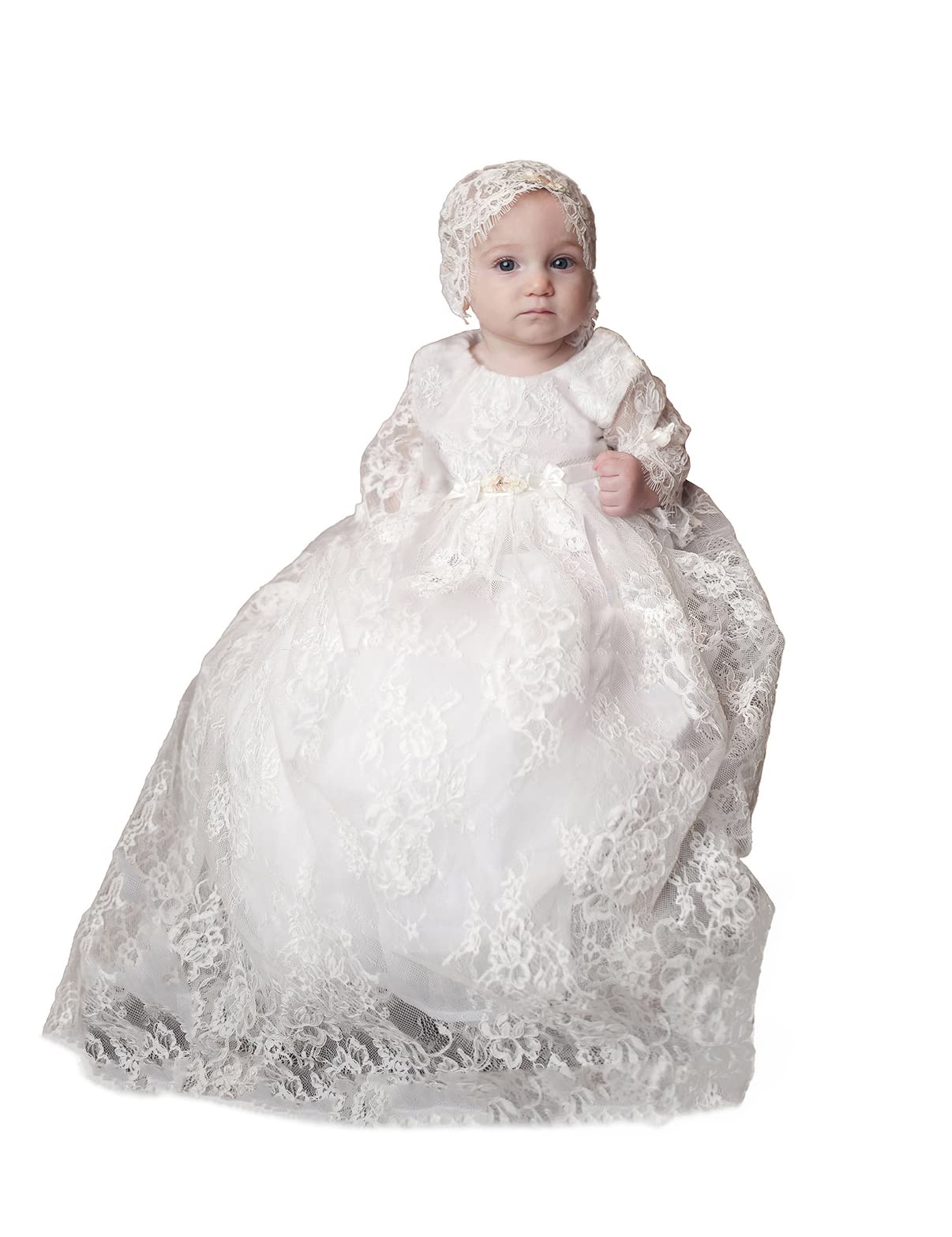 BuyBro Baby Girls Lace Christening Gown - Elegant Baptism Dress with Matching Bonnet for Newborns | Perfect for Christening, Baptism, First Communion & Special Occasions