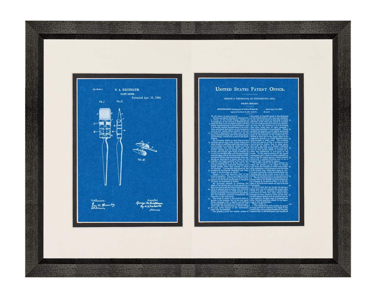 Patent Art Blueprint Print of Paint Brush in Beveled Black Wood Frame with Double Mat - 18