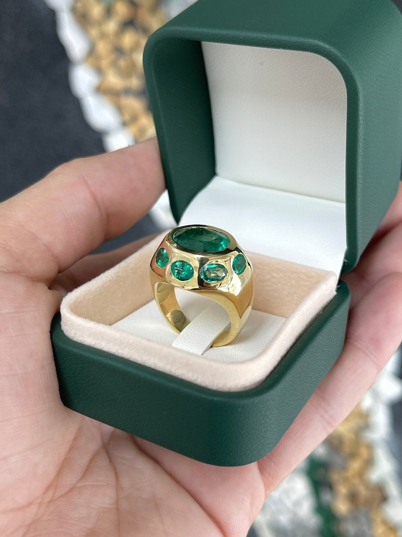 8.50tcw 18K Gold Oval Cut Natural Multi Emerald Statement 9 Stone Ring for Women - Elegant Jewelry Gift for Wedding, Anniversary & Special Occasions