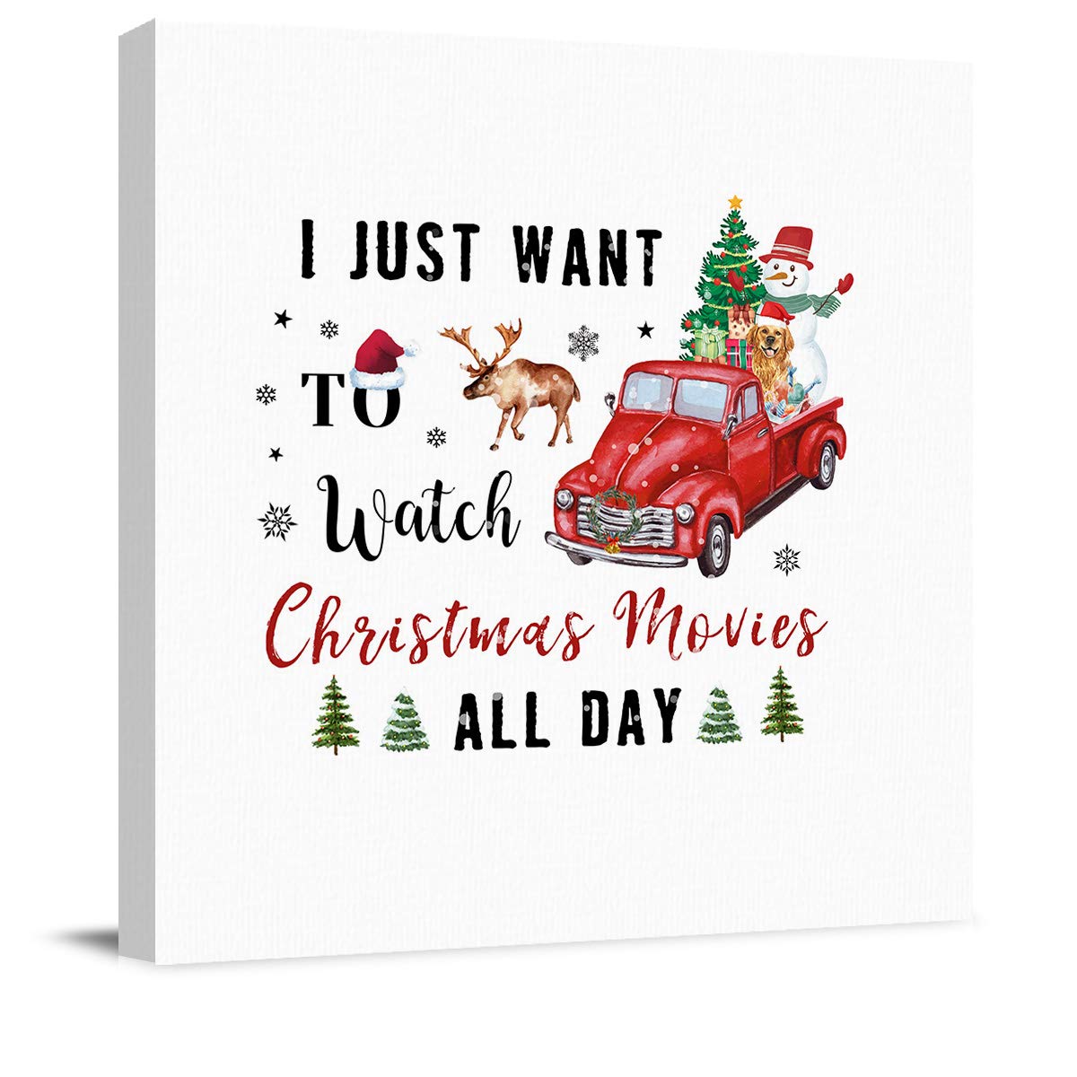 Christmas Canvas Painting - Happy Watch Movies Tree Truck Elk Wall Art for Bedroom & Living Room - White Holiday Decor - 24x24 Inch Canvas Art - Perfect for Festive Home Decor & Gift Giving