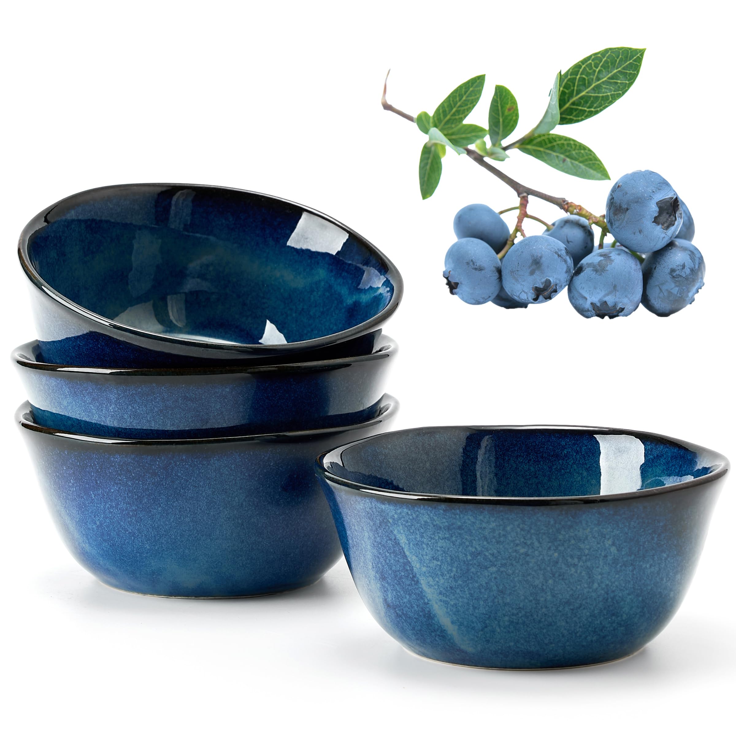 6 Inch Ceramic Soup Bowls Set of 4 - 23.7 Fl Oz Porcelain Cereal Bowls for Salad, Fruits, Dessert, Oatmeal & Ramen - Microwave, Dishwasher & Oven Safe - Wavy Design Blue Bowls - Perfect for Family Dinners, Parties & Everyday Use