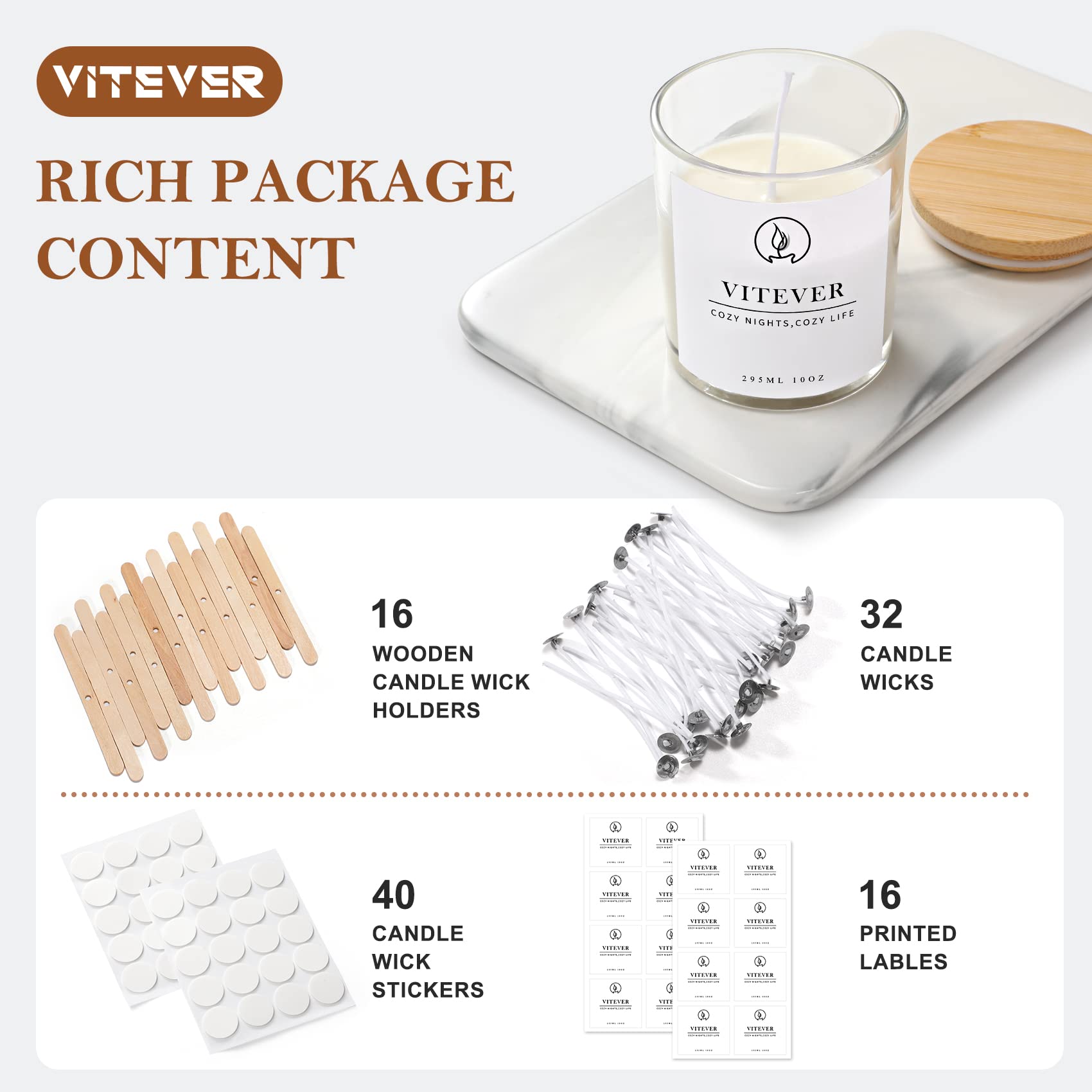 VITEVER 16 Pack 10oz Thick Glass Candle Jars with Bamboo Lids & Wick Kit - Bulk Empty Clear Containers for DIY Candle Making, Spices, Bath Salts - Perfect for Home Decor, Wedding Favors, Gifts & Aromatherapy