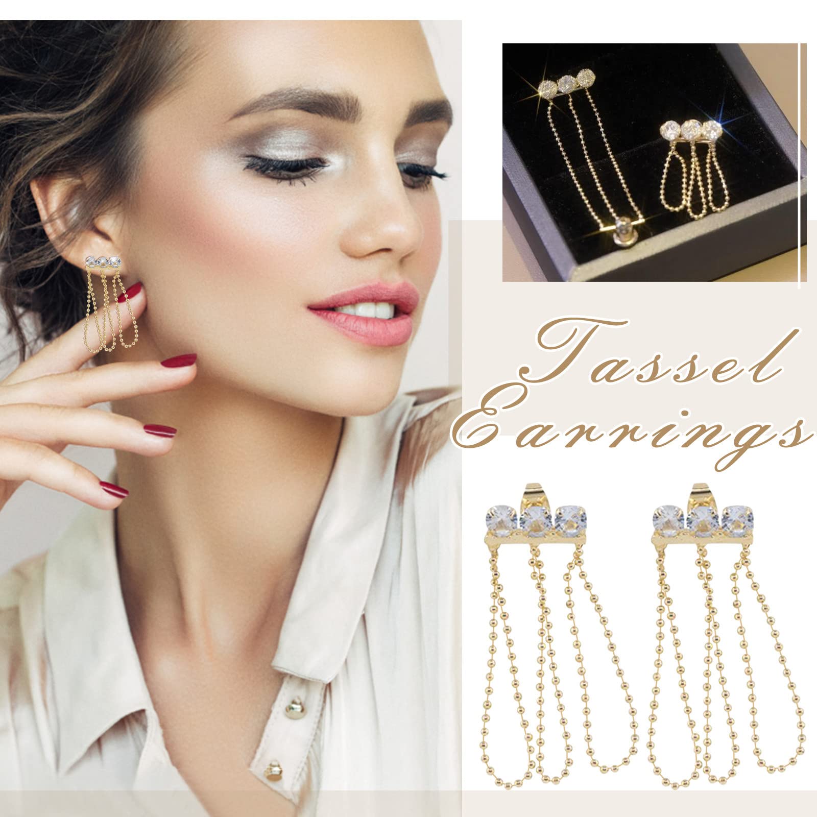 Diamond Stud Cross Earrings for Women - Gold Tassel Beaded Fashion Jewelry Set | Perfect for Parties, Weddings & Everyday Wear