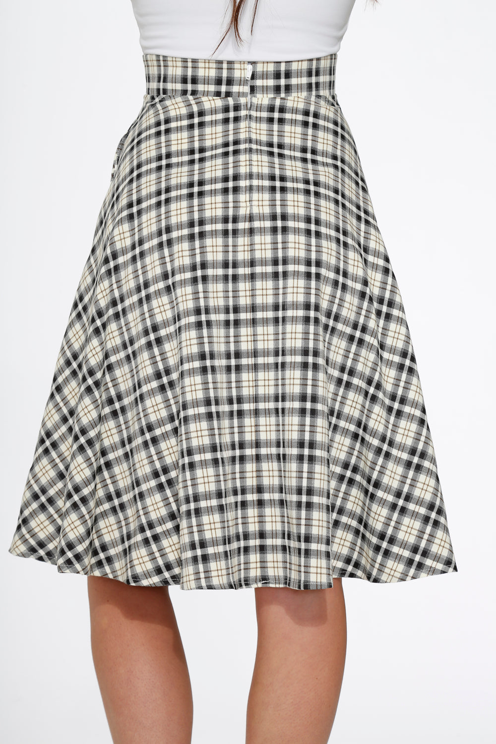 Off White Plaid Swing Skirt for Women - Flowy A-Line Midi Skirt with Pockets - Perfect for Casual Outings, Date Nights & Summer Vacations