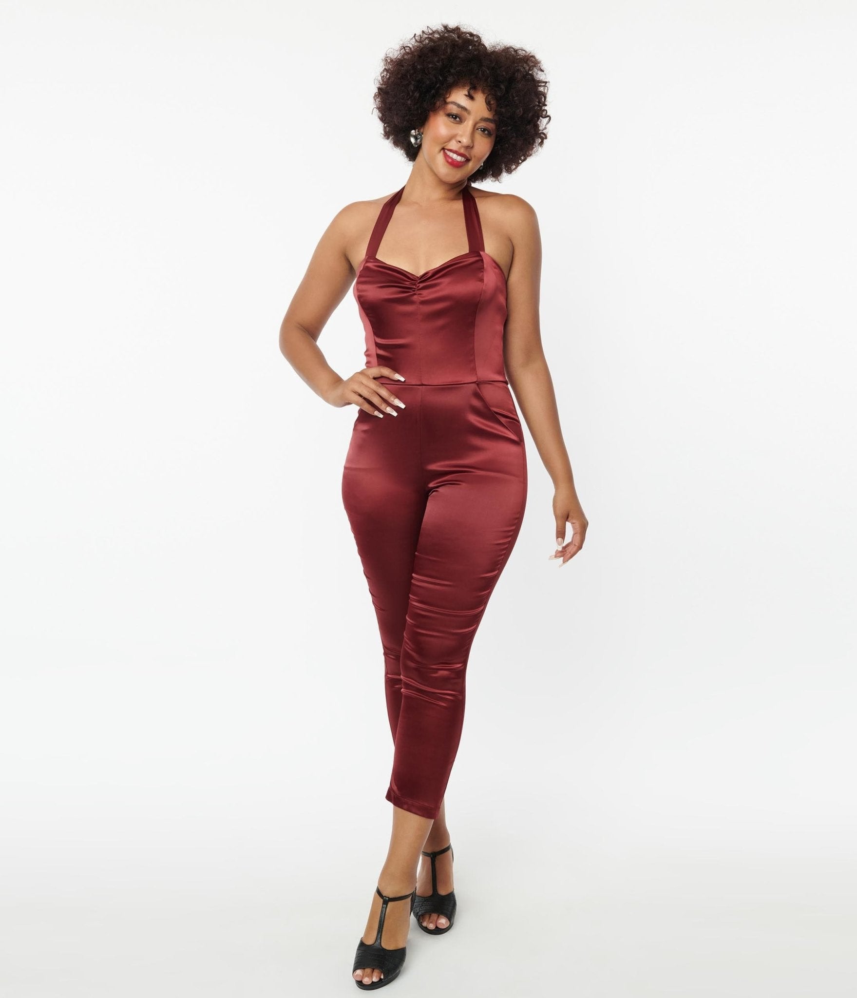 Vintage 1970s Wine Red Satin Jumpsuit - Retro Marcel Style for Women | Perfect for 70s Theme Parties, Date Nights & Special Occasions