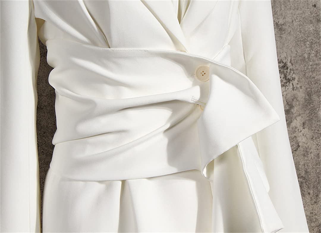 Women's White Bow Knot Split Hem Blazer Jacket - Asymmetrical Lapel Long Sleeve Loose Fit Coat for Fall | Office Wear, Casual Outfits, Date Night & Special Occasions